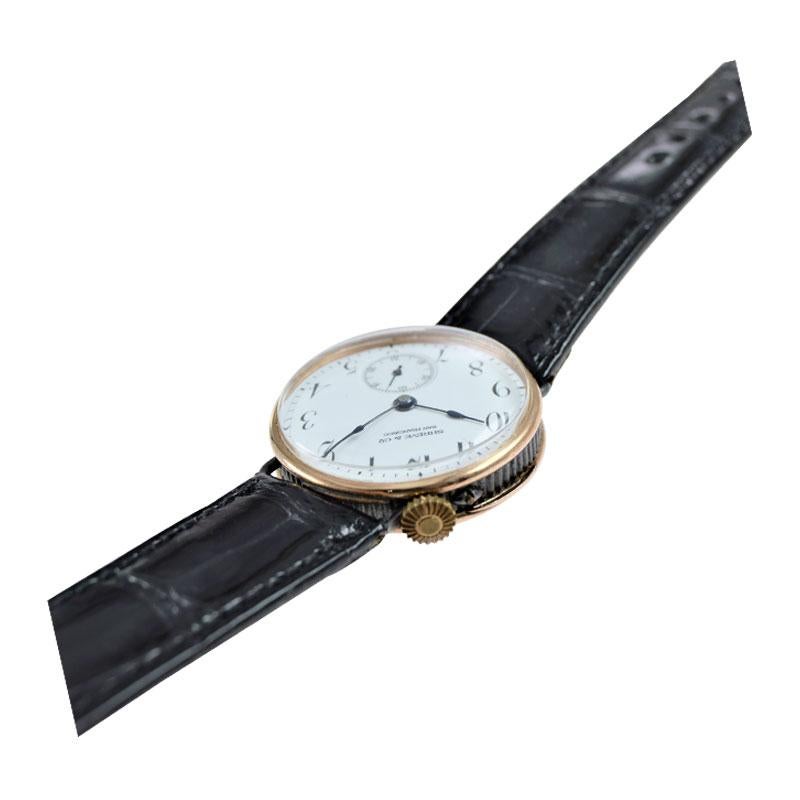 Women's or Men's Shreve & Co. Right Handed Drivers Watch in Gun Metal & Rose Gold, circa 1910 For Sale