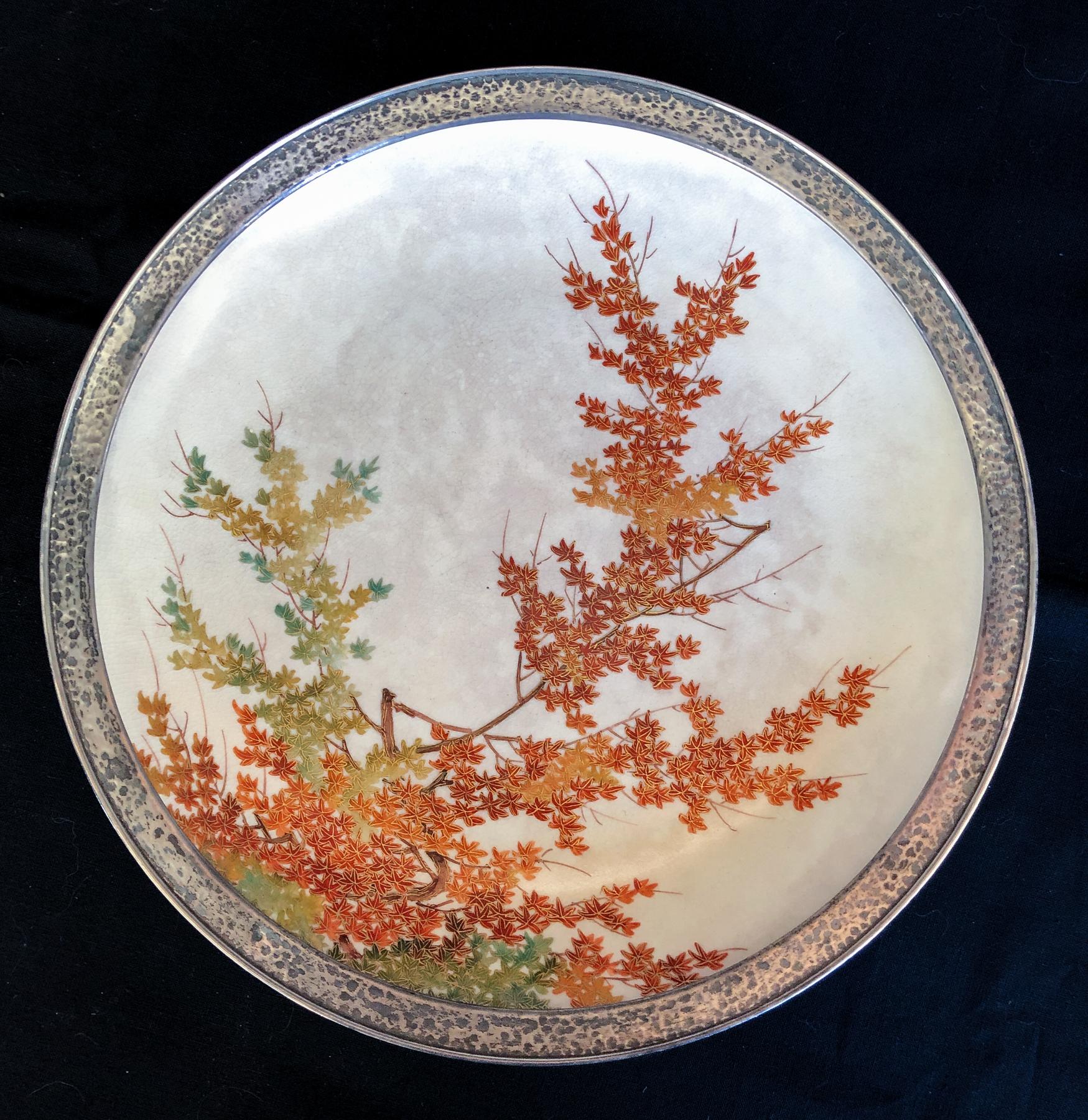 Japonisme Shreve & Co, San Francisco Sterling Rim Japanese Satsuma Plate, Early 20th C. For Sale