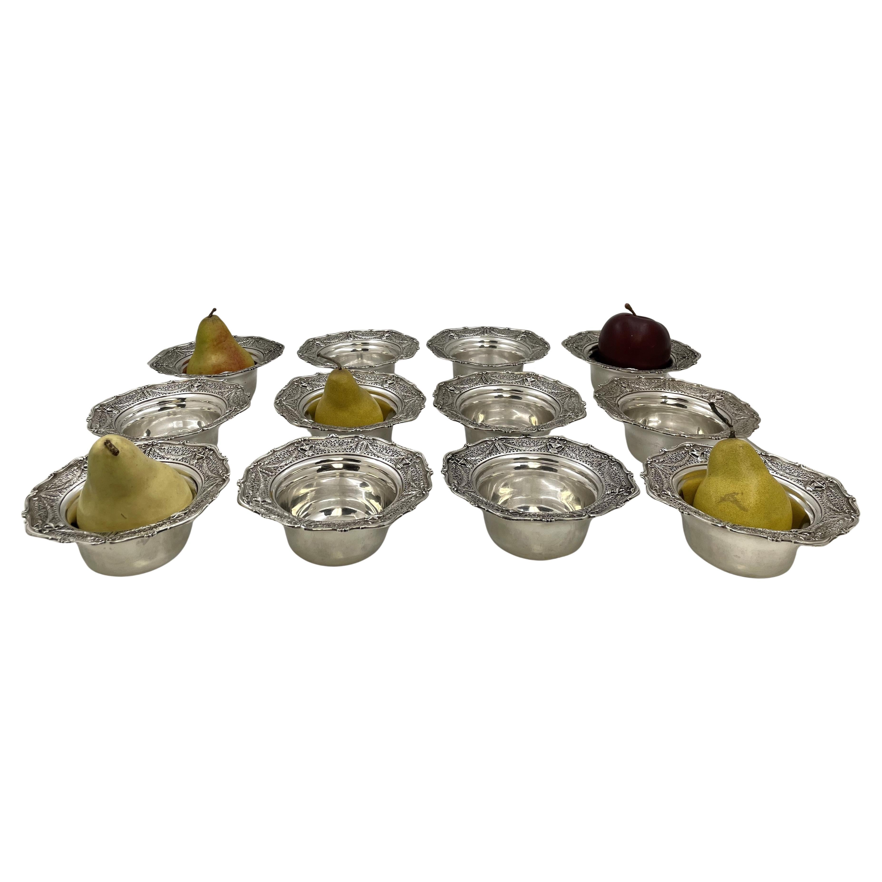 Shreve & Co. Set of 12 Sterling Silver Dessert Bowls in Adam Pattern