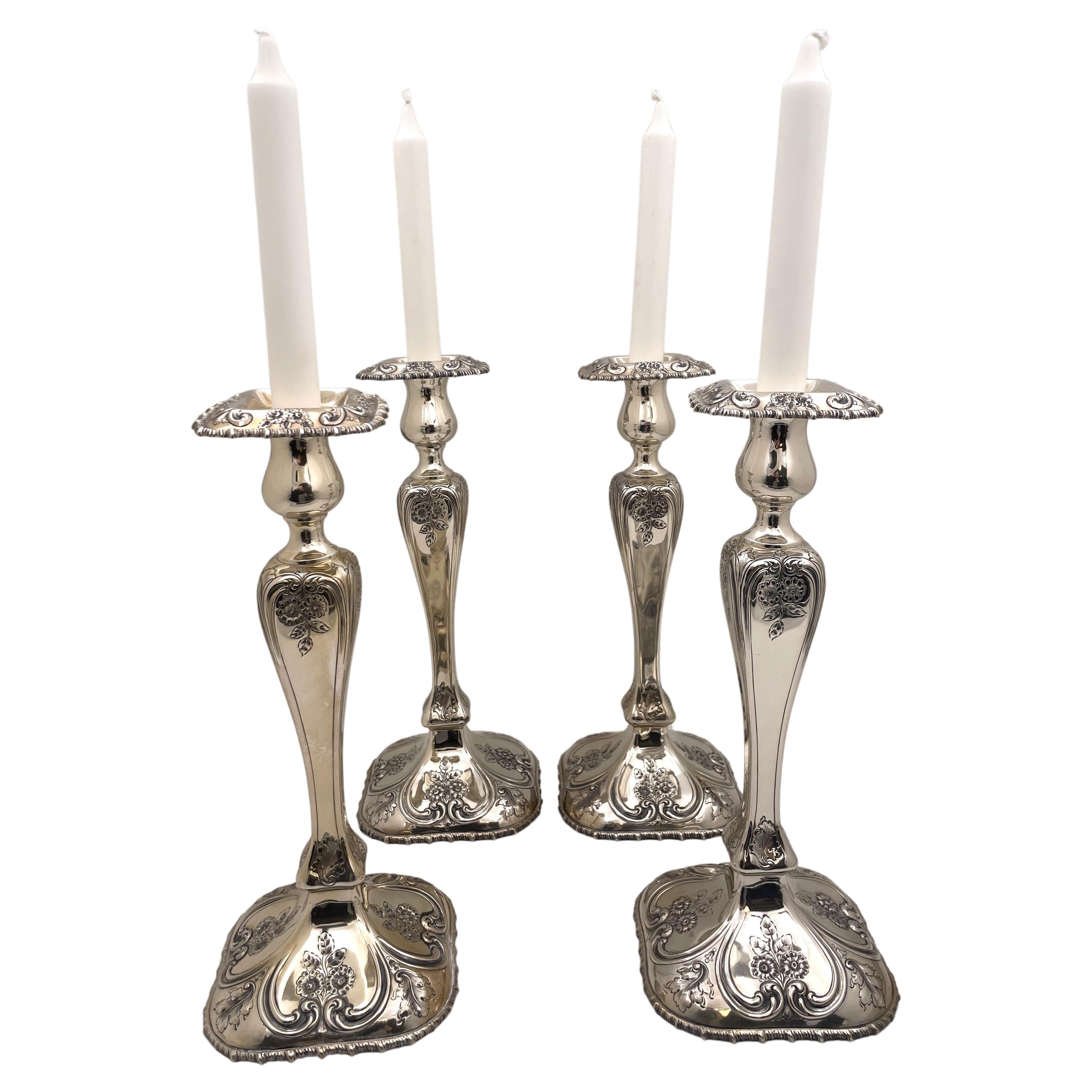 Shreve & Co. Set of 4 Sterling Silver Candlesticks in Art Nouveau Style For Sale