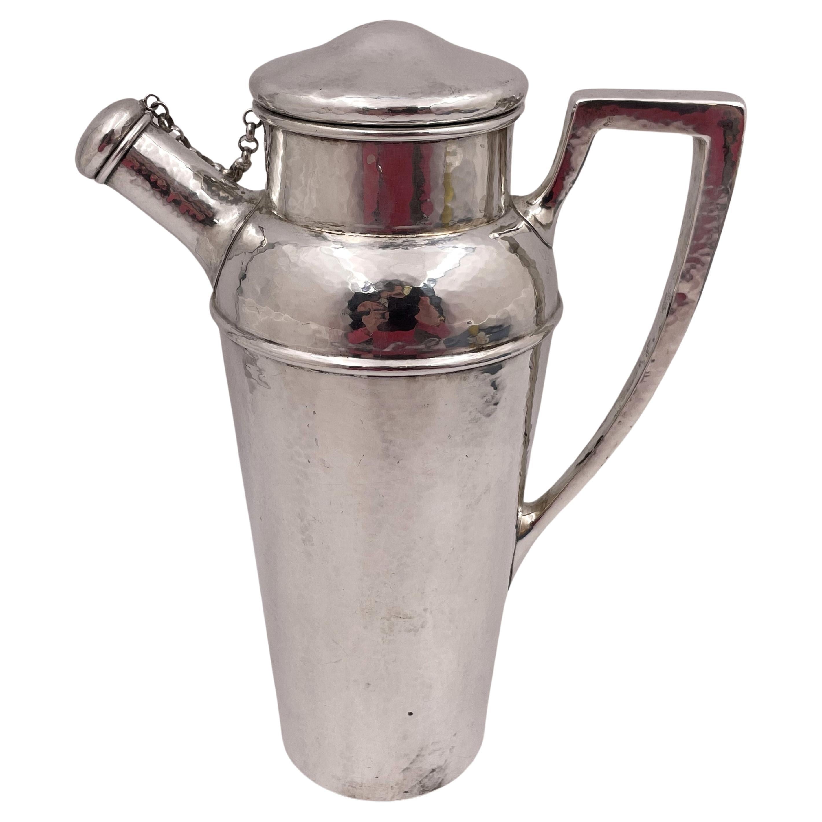 Shreve & Co. Sterling Silver Hammered Cocktail Shaker in Arts & Crafts Style For Sale