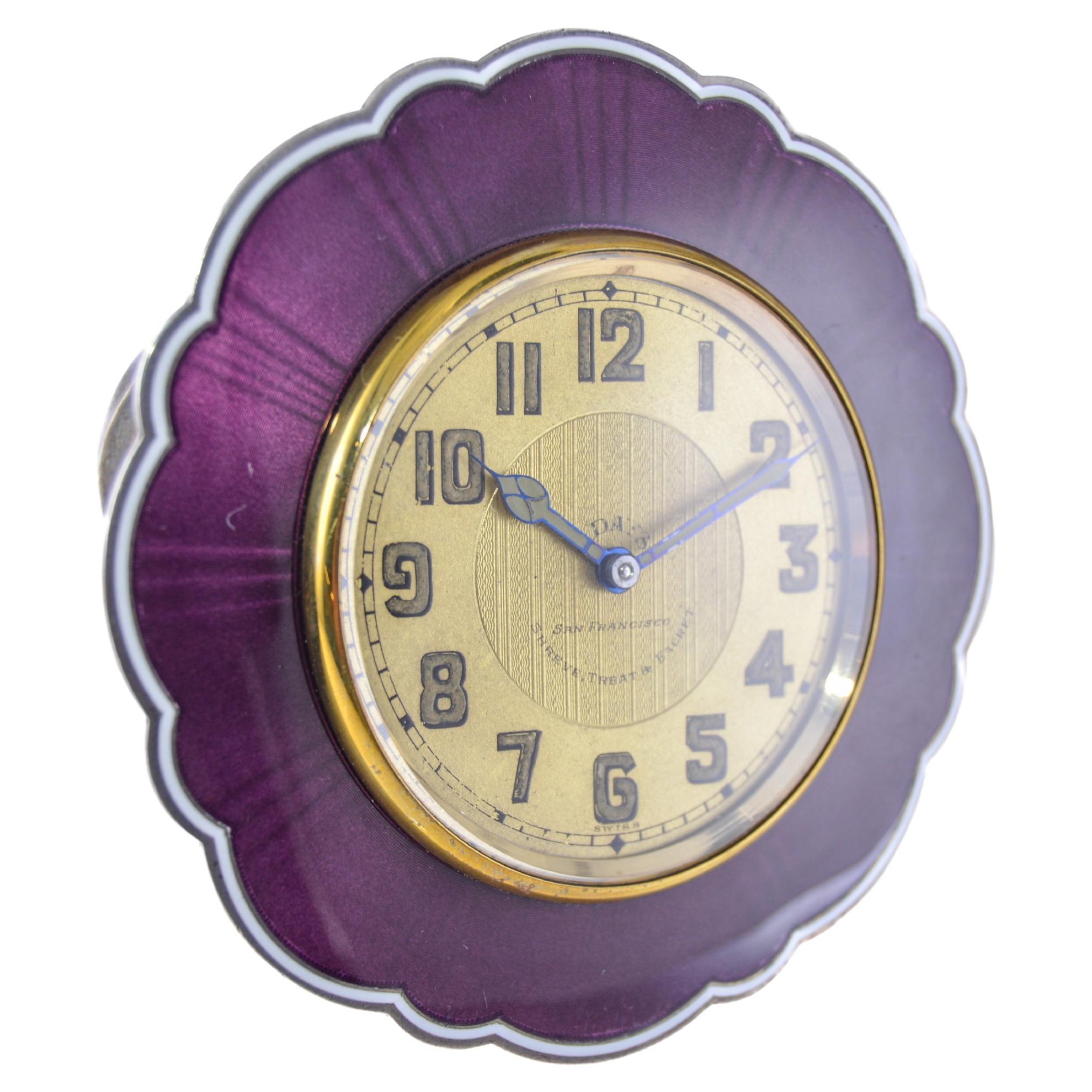 Shreve & Co. Sterling Silver & Purple Enamel Art Deco Clock with Original Dial  In Excellent Condition For Sale In Long Beach, CA