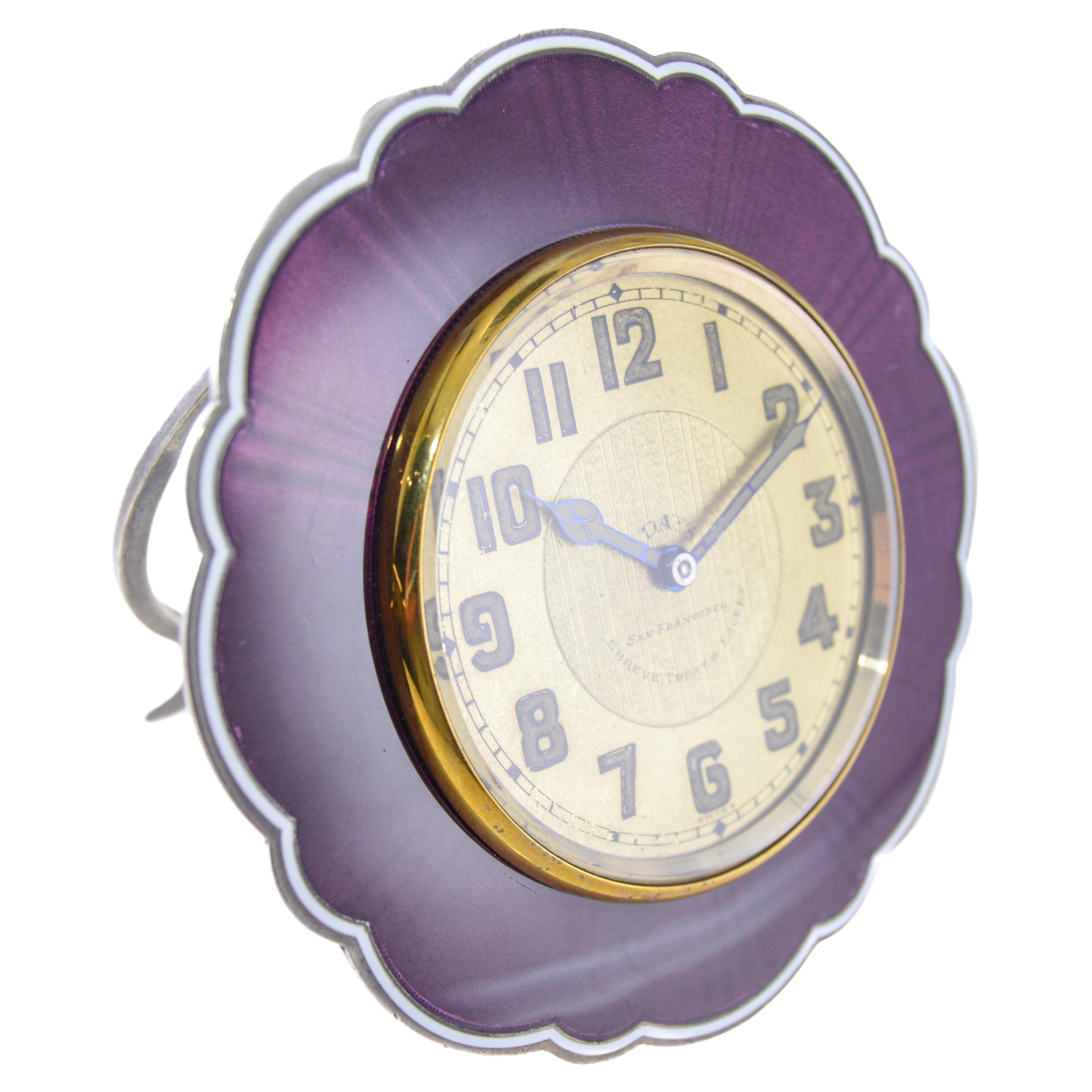 Women's or Men's Shreve & Co. Sterling Silver & Purple Enamel Art Deco Clock with Original Dial  For Sale