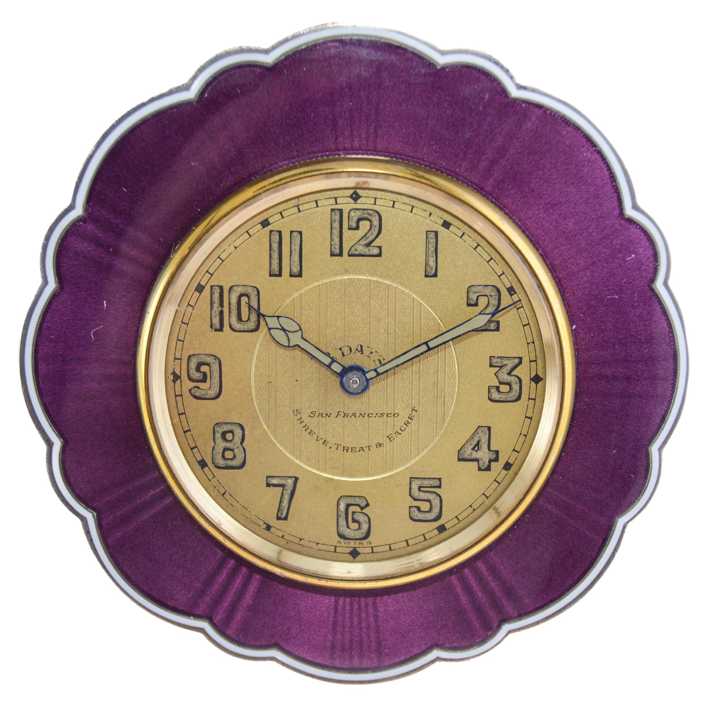 Shreve & Co. Horloge Art déco en argent sterling et émail violet avec cadran d'origine 