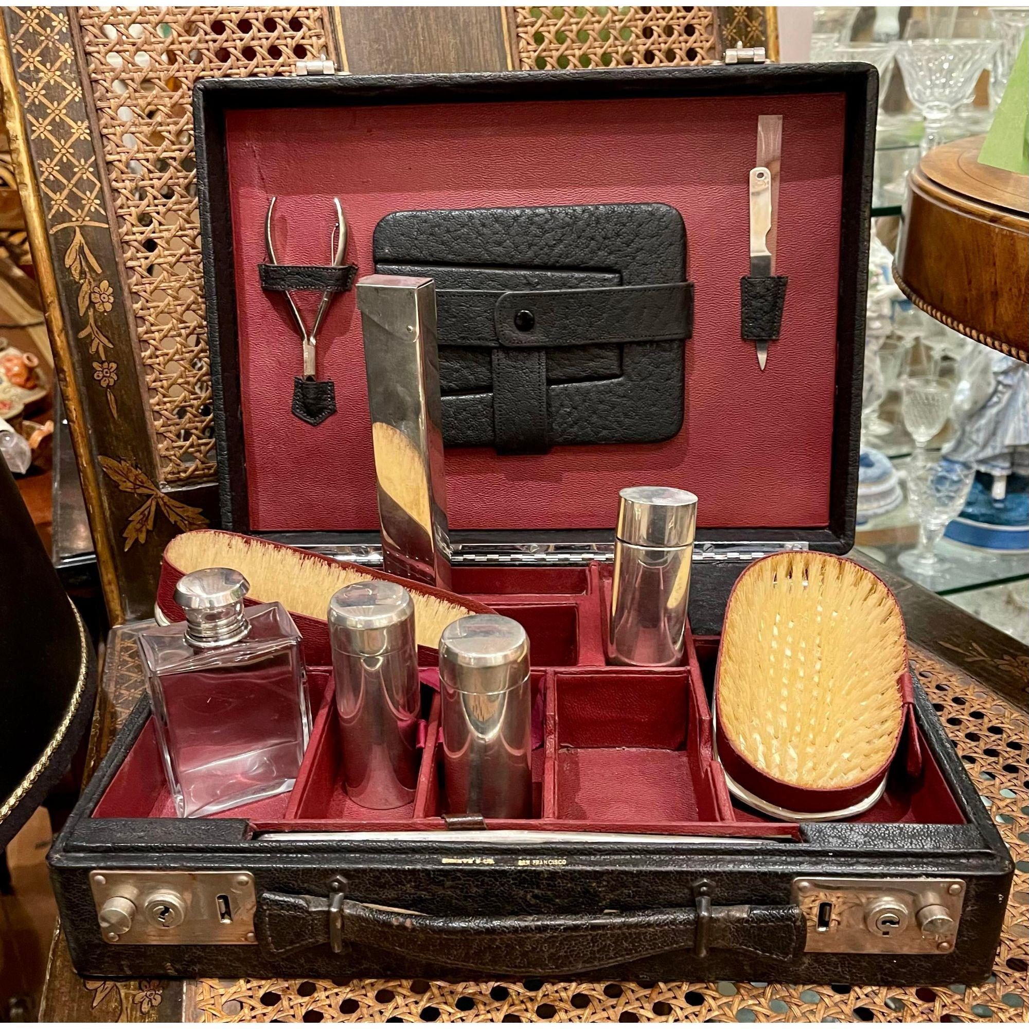 Art Deco Shreve & Co Sterling Silver Vanity Travel Dresser Set in Leather Case, 1930s For Sale
