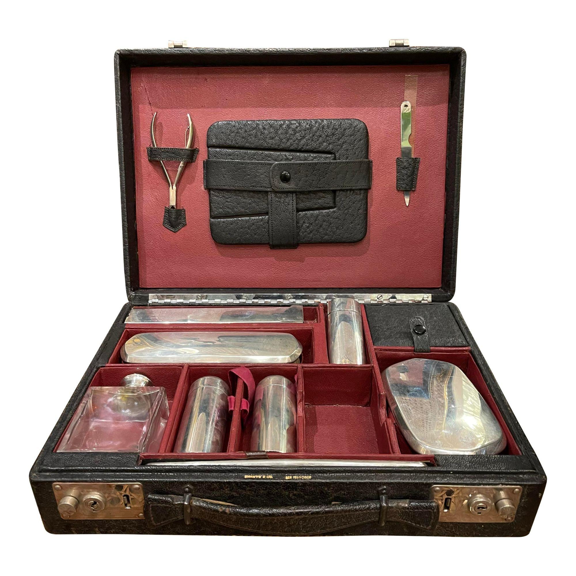 Shreve & Co Sterling Silver Vanity Travel Dresser Set in Leather Case, 1930s For Sale