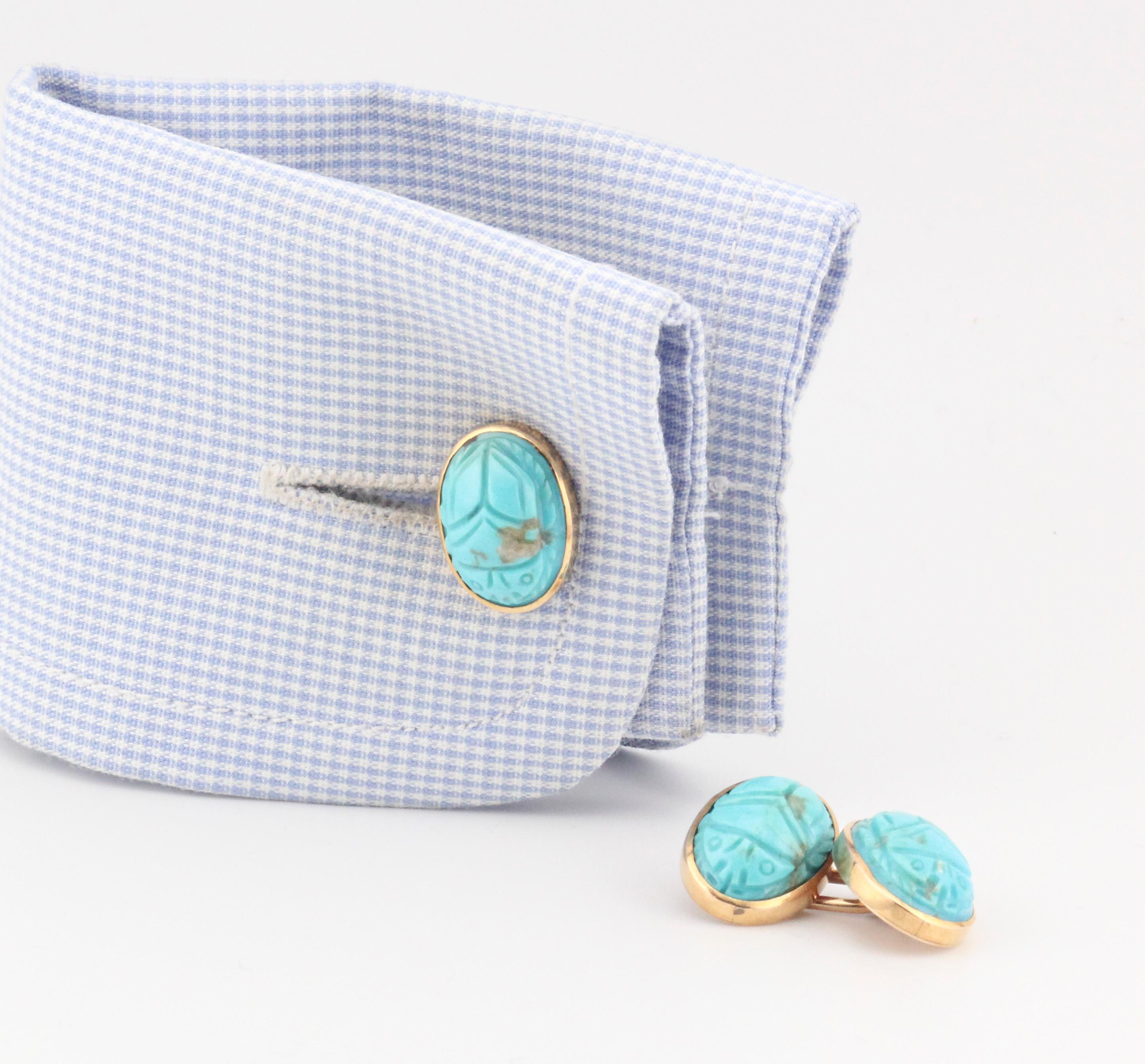 Men's Shreve & Co. Vintage Scarab Cufflinks with Turquoise in 14k Gold For Sale