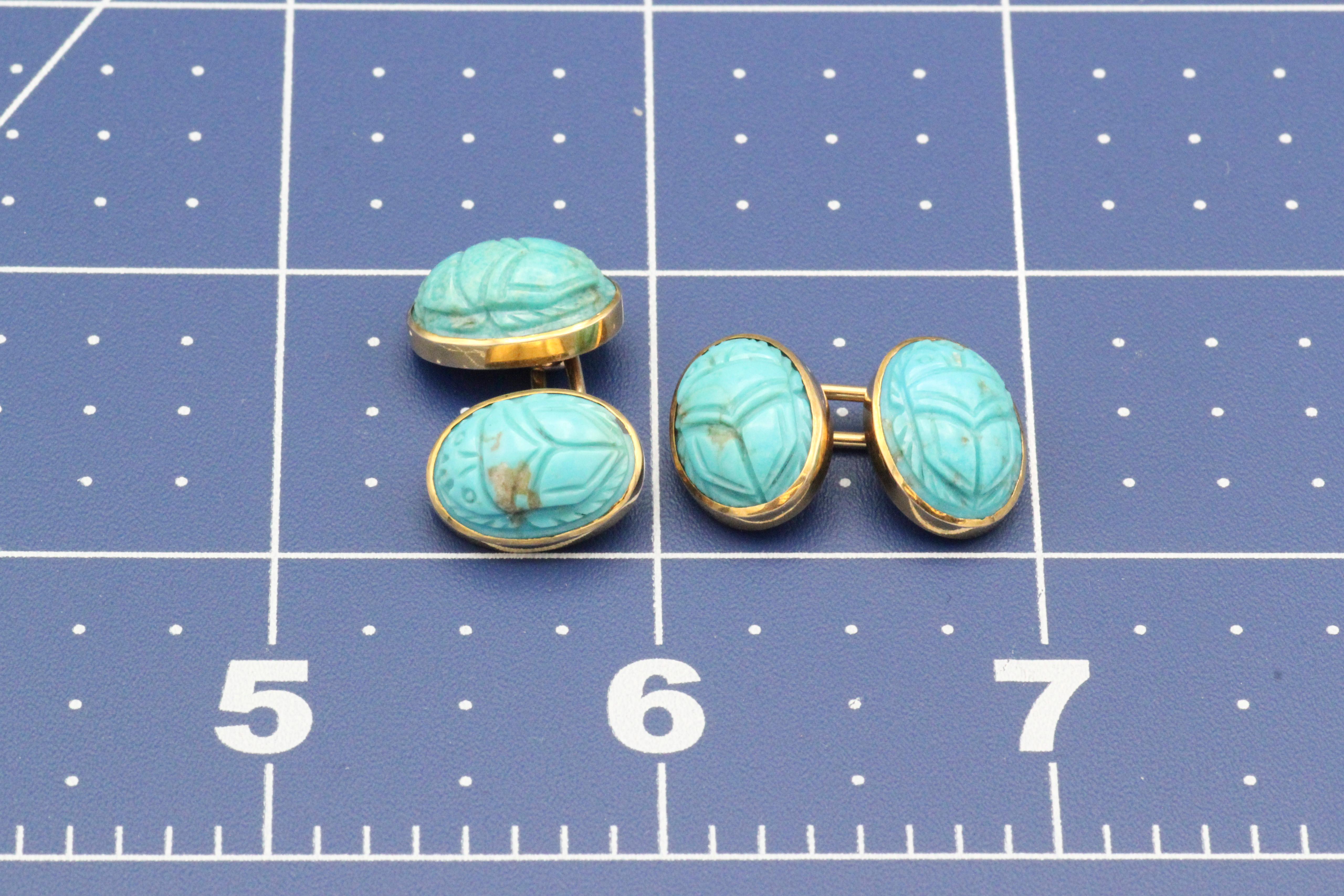 Shreve & Co. Vintage Scarab Cufflinks with Turquoise in 14k Gold For Sale 1