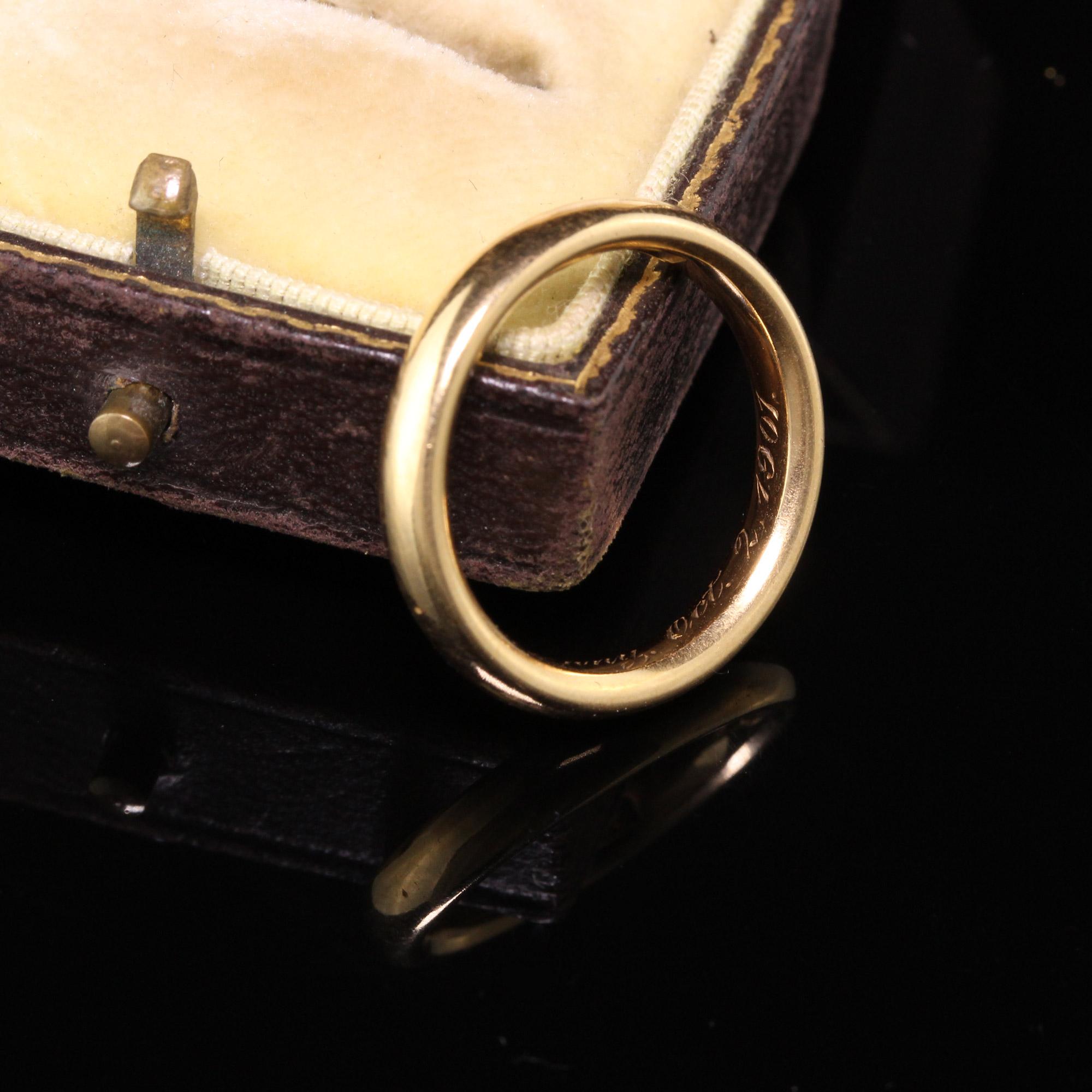 A gorgeous Shreve Crump and Low Antique Victorian 18K Yellow Gold Engraved 1901 Wedding Band. The band is engraved what appears to be Aolim from Denny Oct 2, 1901. 

Item #R0585

Metal: 18K Yellow Gold

Weight: 5.8 Grams

Ring Size: 6 1/2

*Please