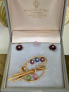 Shreve Crump and Low Painter's Palette 14 Karat Gold Brooch and Earring Set