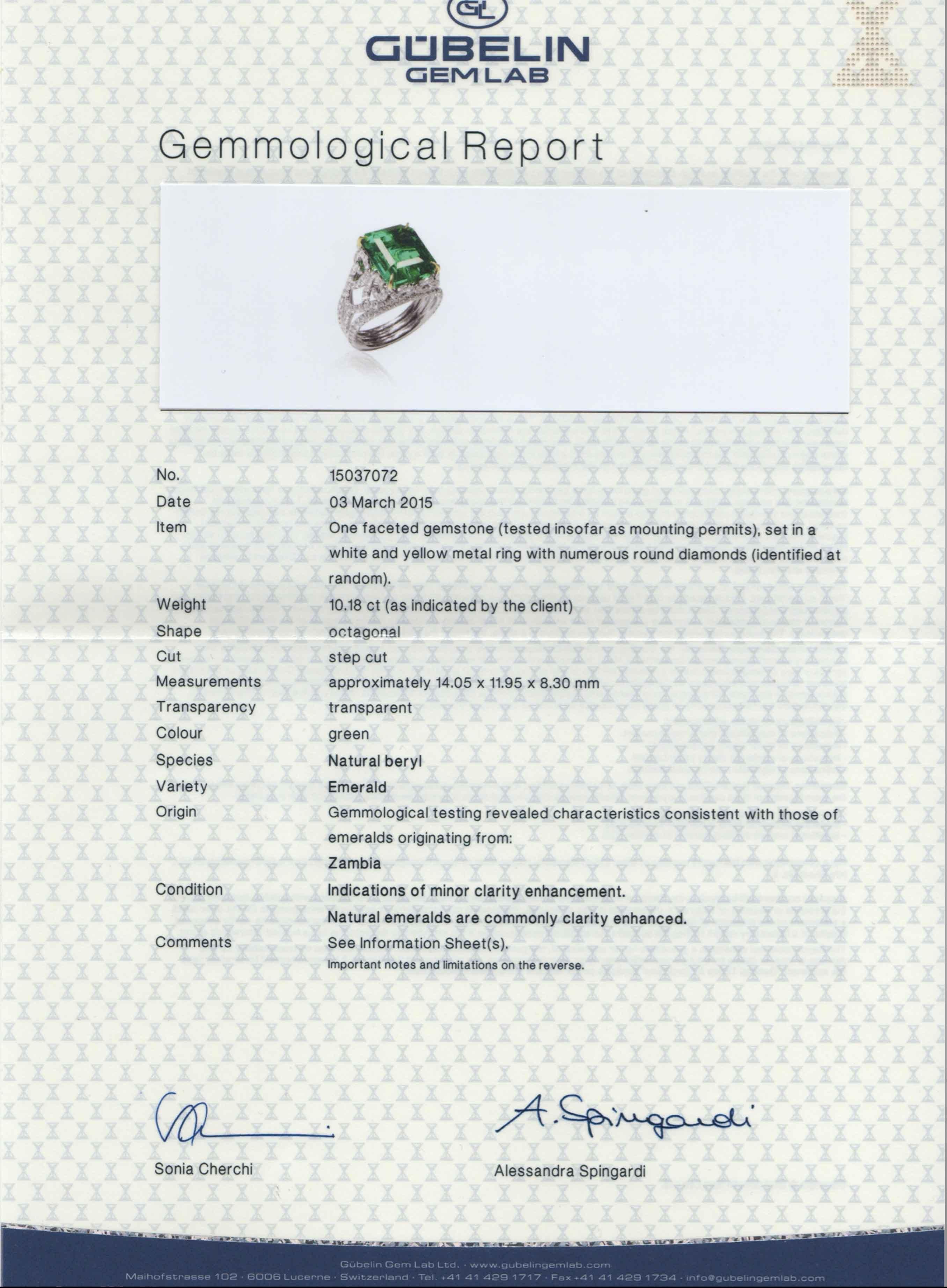 Shreve, Crump & Low 10.18 Carat Zambian Green Emerald and Diamond Ring 'Gubelin' For Sale 3