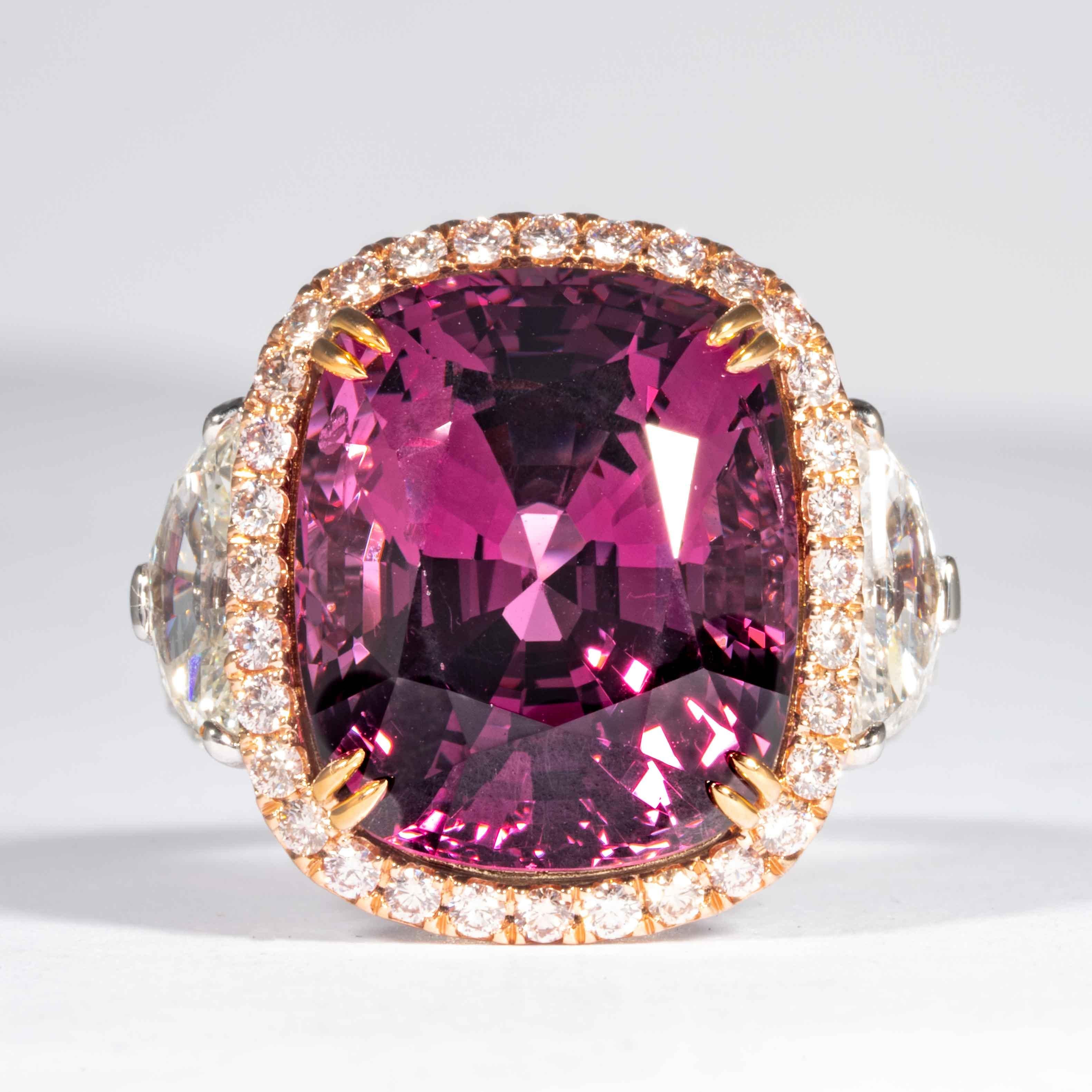 This large and rare pink spinel ring is offered by Shreve, Crump & Low. This intense pink spinel is custom set in a handcrafted Shreve, Crump & Low one-of-kind 18kt white gold and pink gold ring, consisting of 1 dazzling pinkish magenta colored