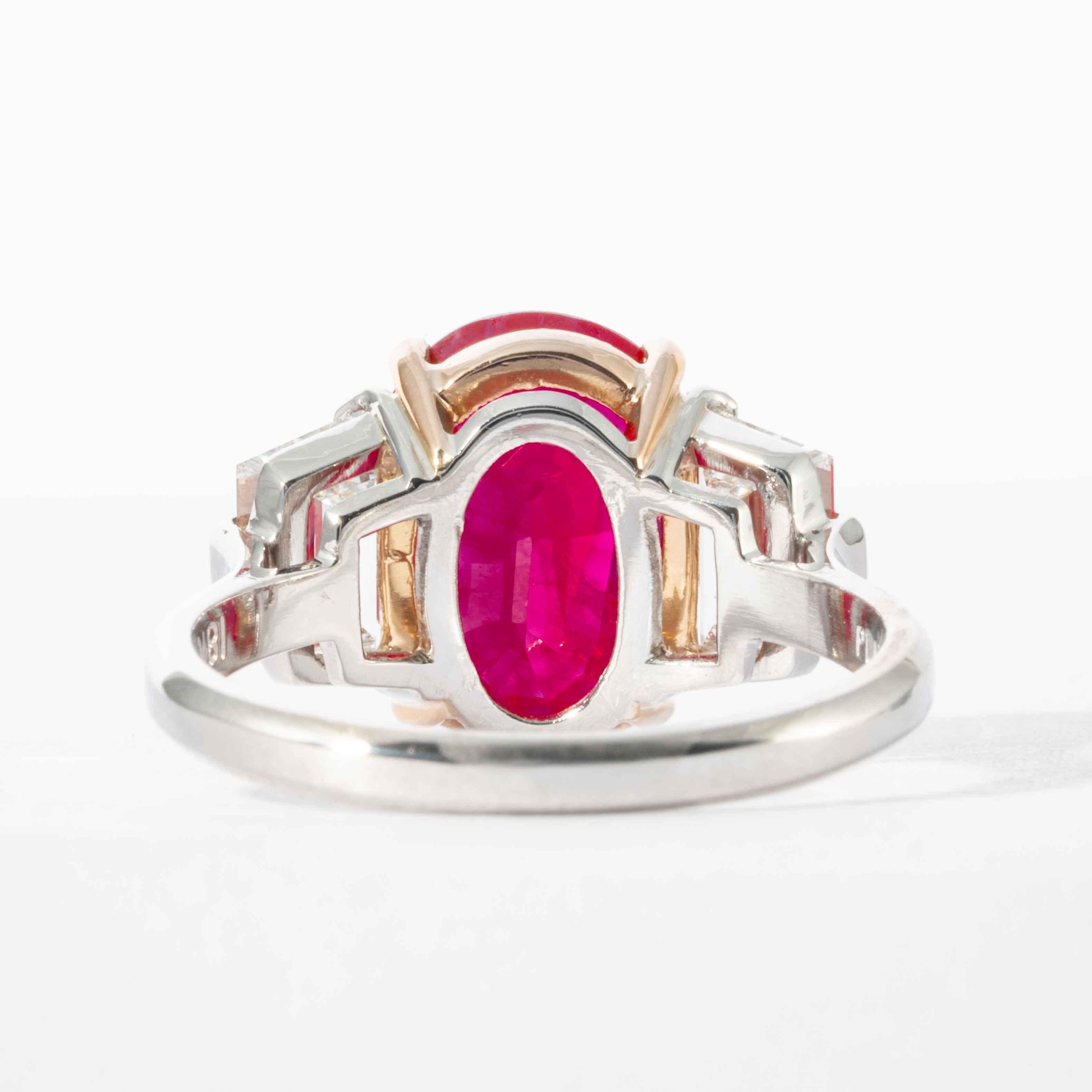 Shreve, Crump & Low 5.25 Carat Oval Burma Ruby and Diamond 3-Stone Platinum Ring 1