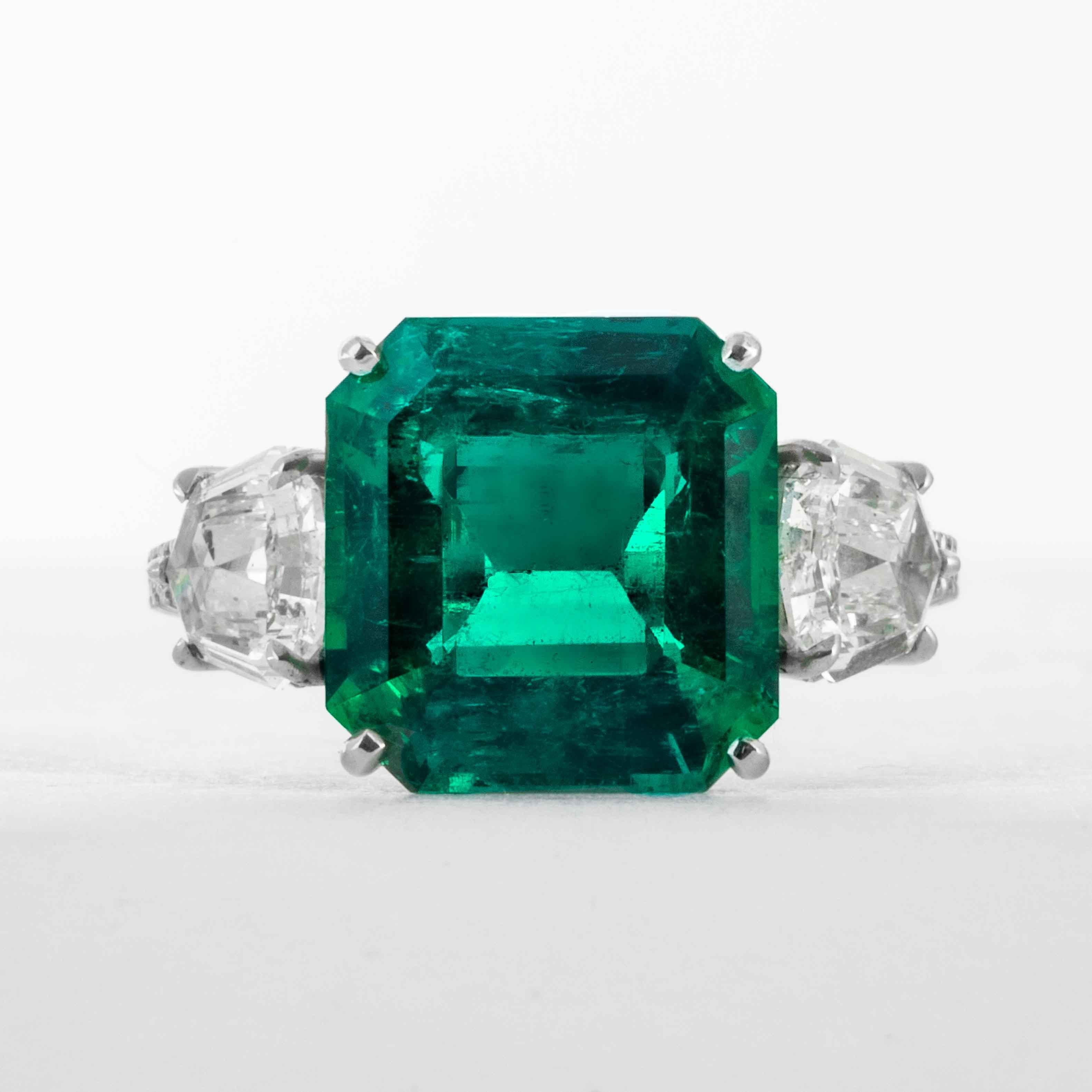 This emerald ring is offered by Shreve, Crump & Low. This green emerald cut emerald is custom set in a handcrafted Shreve, Crump & Low one-of-kind platinum ring, consisting of 1 Colombian green emerald cut emerald weighing 5.48 carats.  This 5.48