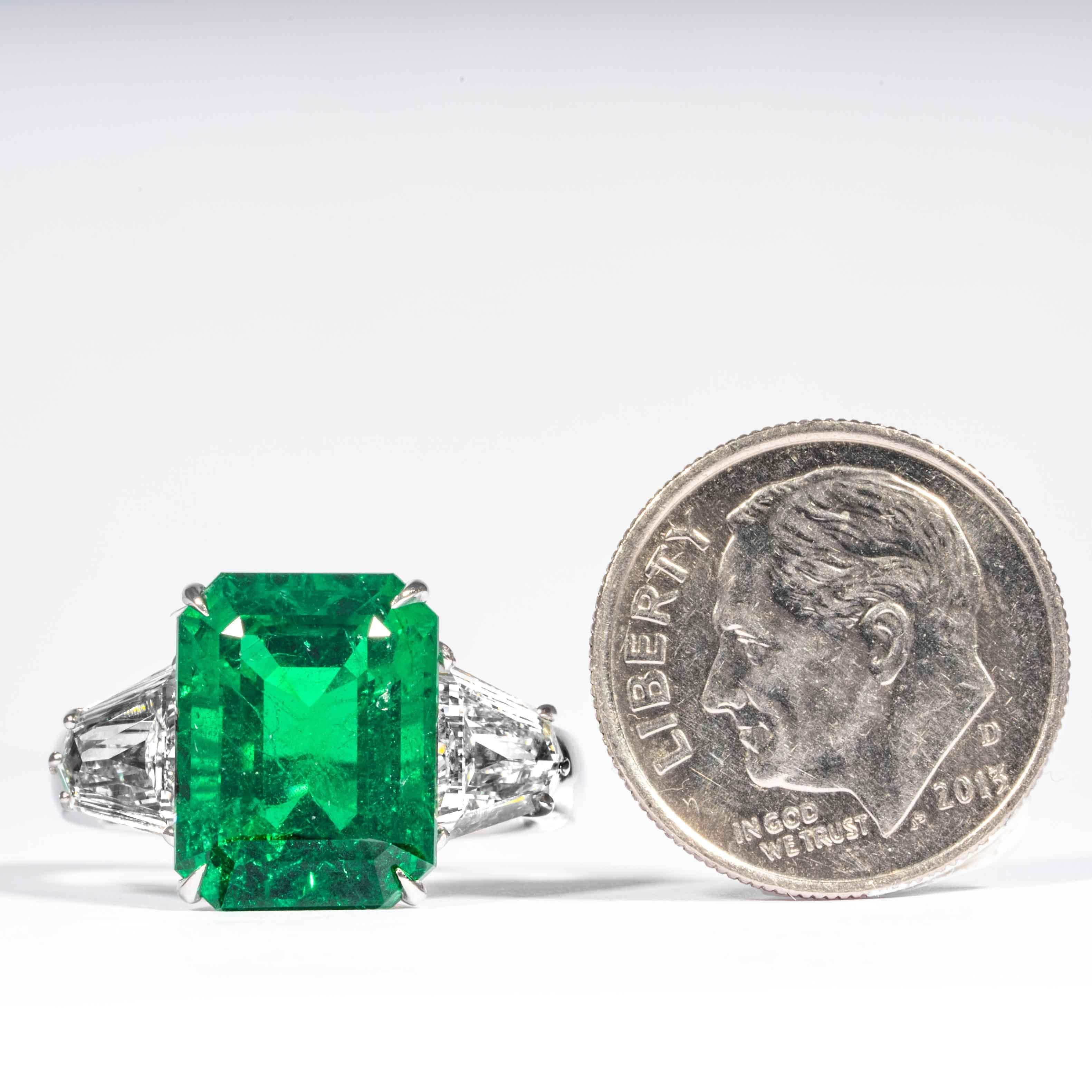 Emerald Cut Shreve, Crump & Low 6.08 Carat Zambian Emerald and Diamond 3-Stone Ring For Sale