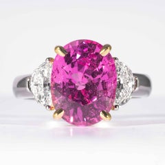 Shreve, Crump & Low 6.22 Carat Oval Cut Pink Sapphire and Diamond 3-Stone Ring