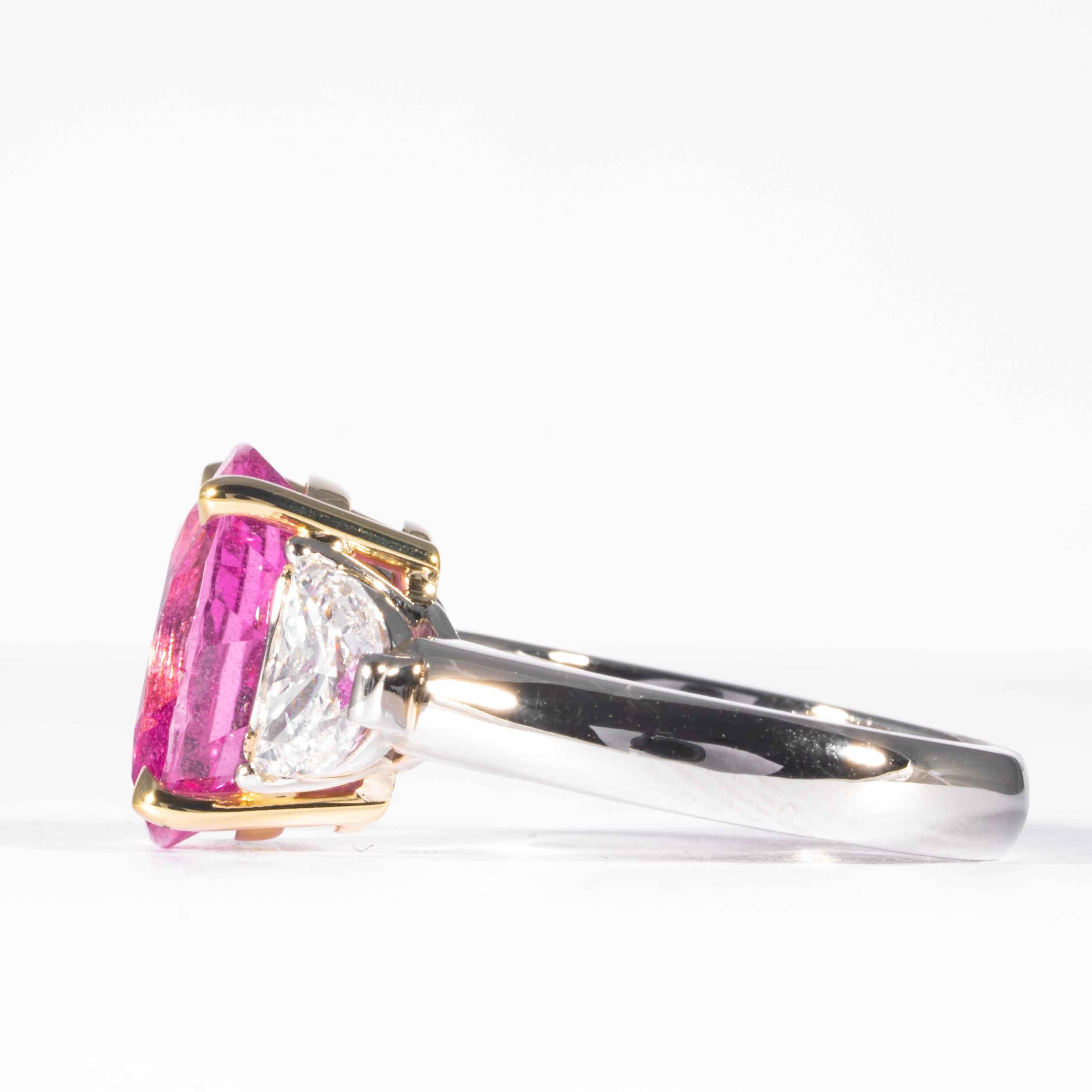 Shreve, Crump & Low 6.22 Carat Oval Cut Pink Sapphire and Diamond 3-Stone Ring In New Condition For Sale In Boston, MA
