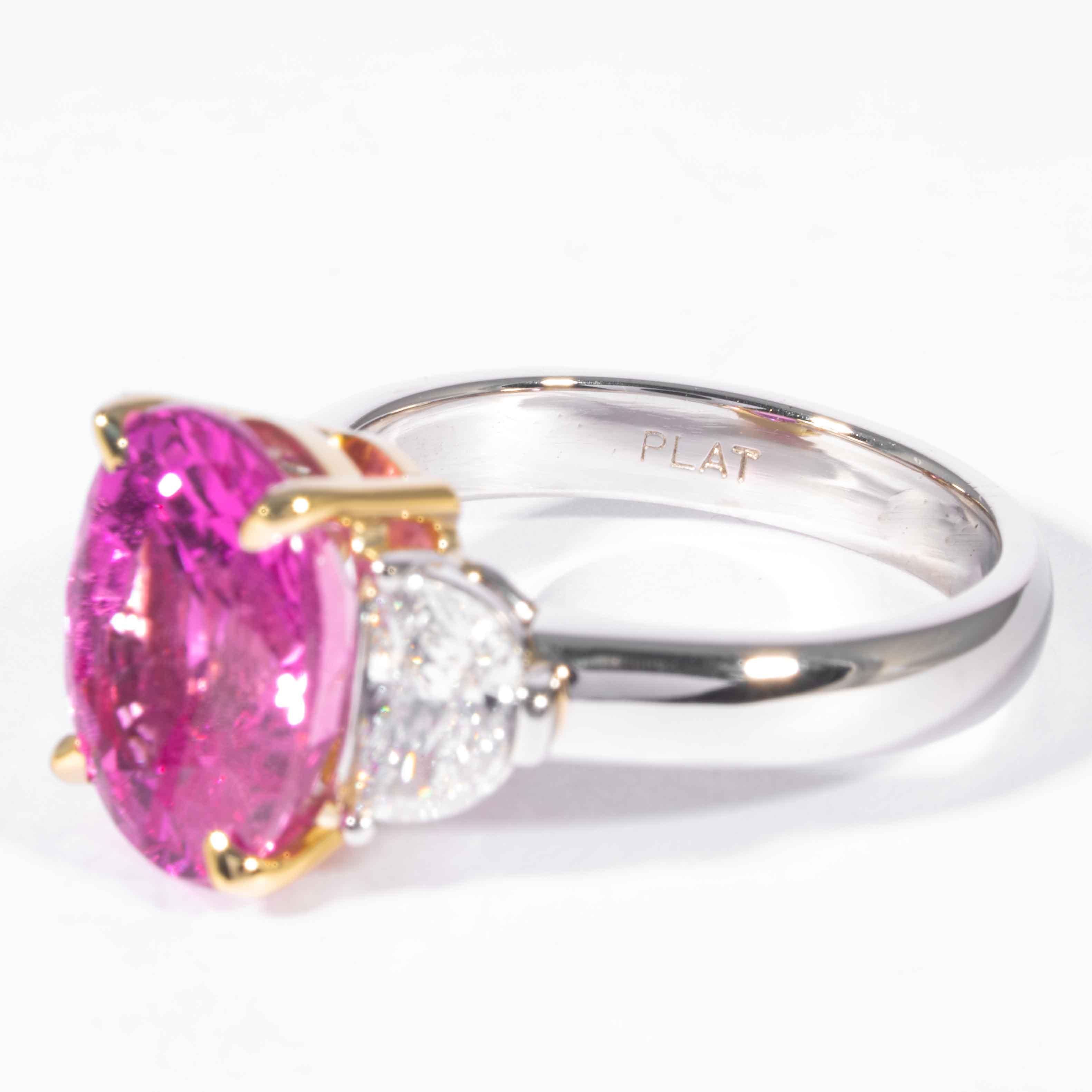Women's Shreve, Crump & Low 6.22 Carat Oval Cut Pink Sapphire and Diamond 3-Stone Ring For Sale