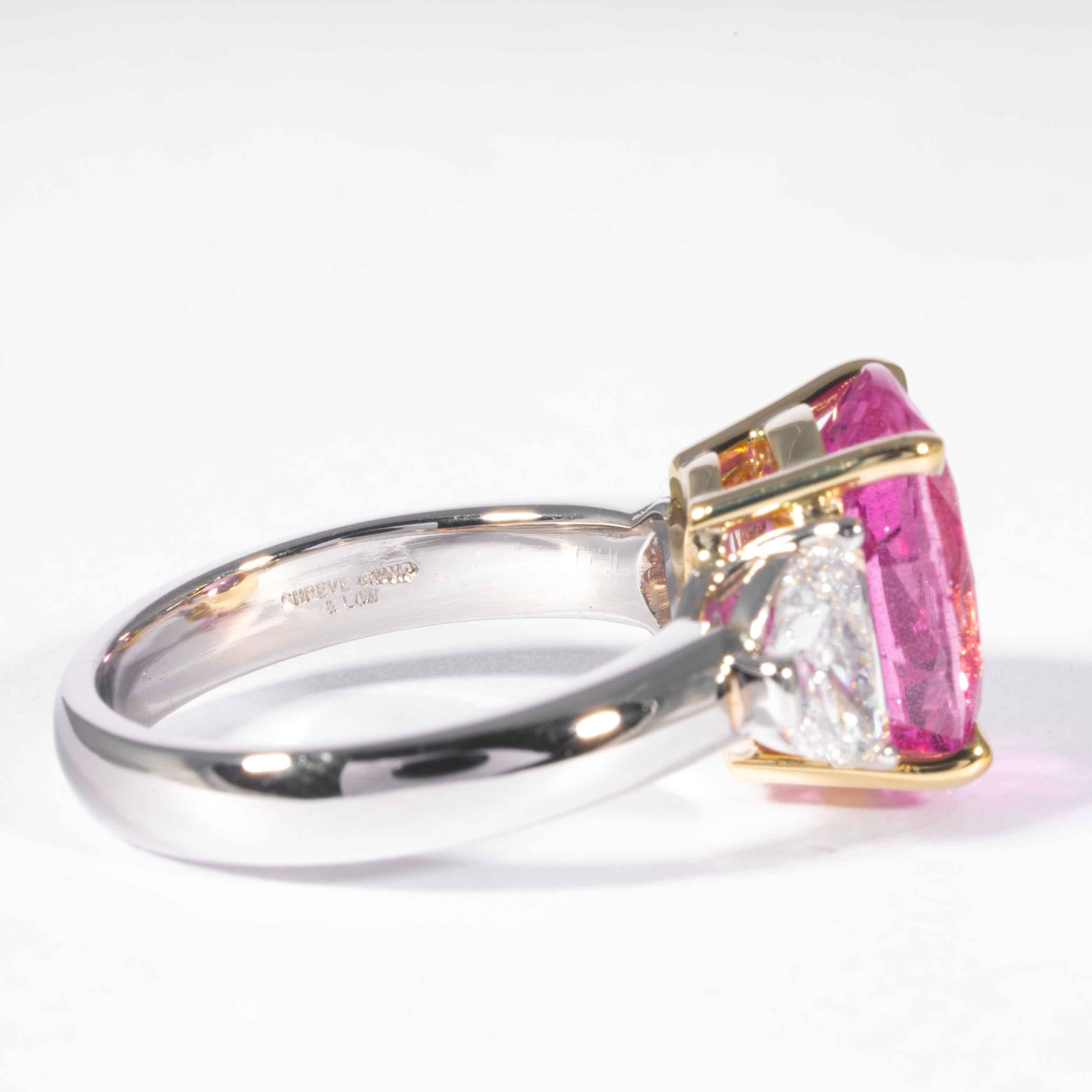 Shreve, Crump & Low 6.22 Carat Oval Cut Pink Sapphire and Diamond 3-Stone Ring For Sale 1