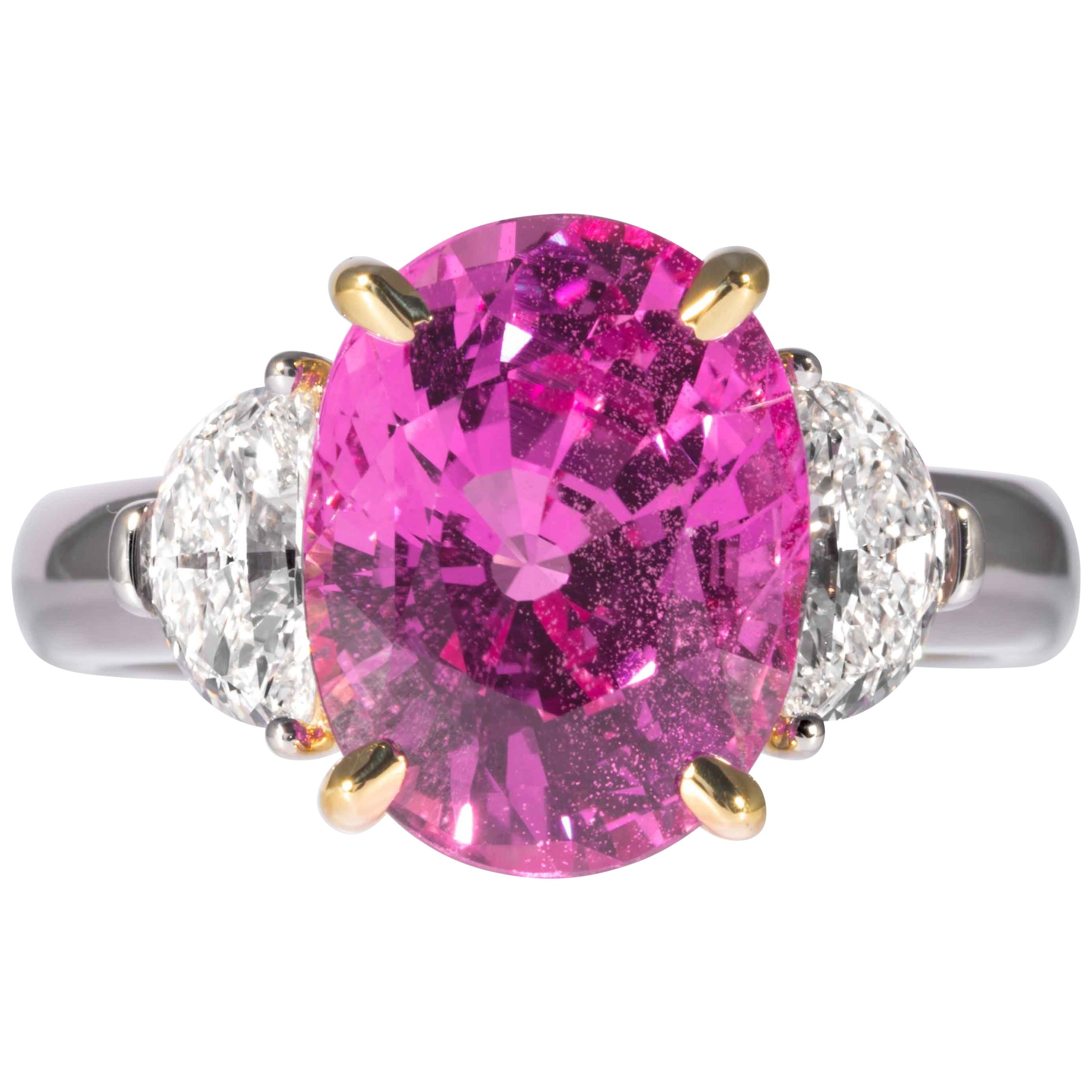 Shreve, Crump & Low 6.22 Carat Oval Cut Pink Sapphire and Diamond 3-Stone Ring For Sale