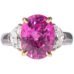 Shreve, Crump & Low 6.22 Carat Oval Cut Pink Sapphire and Diamond 3-Stone Ring