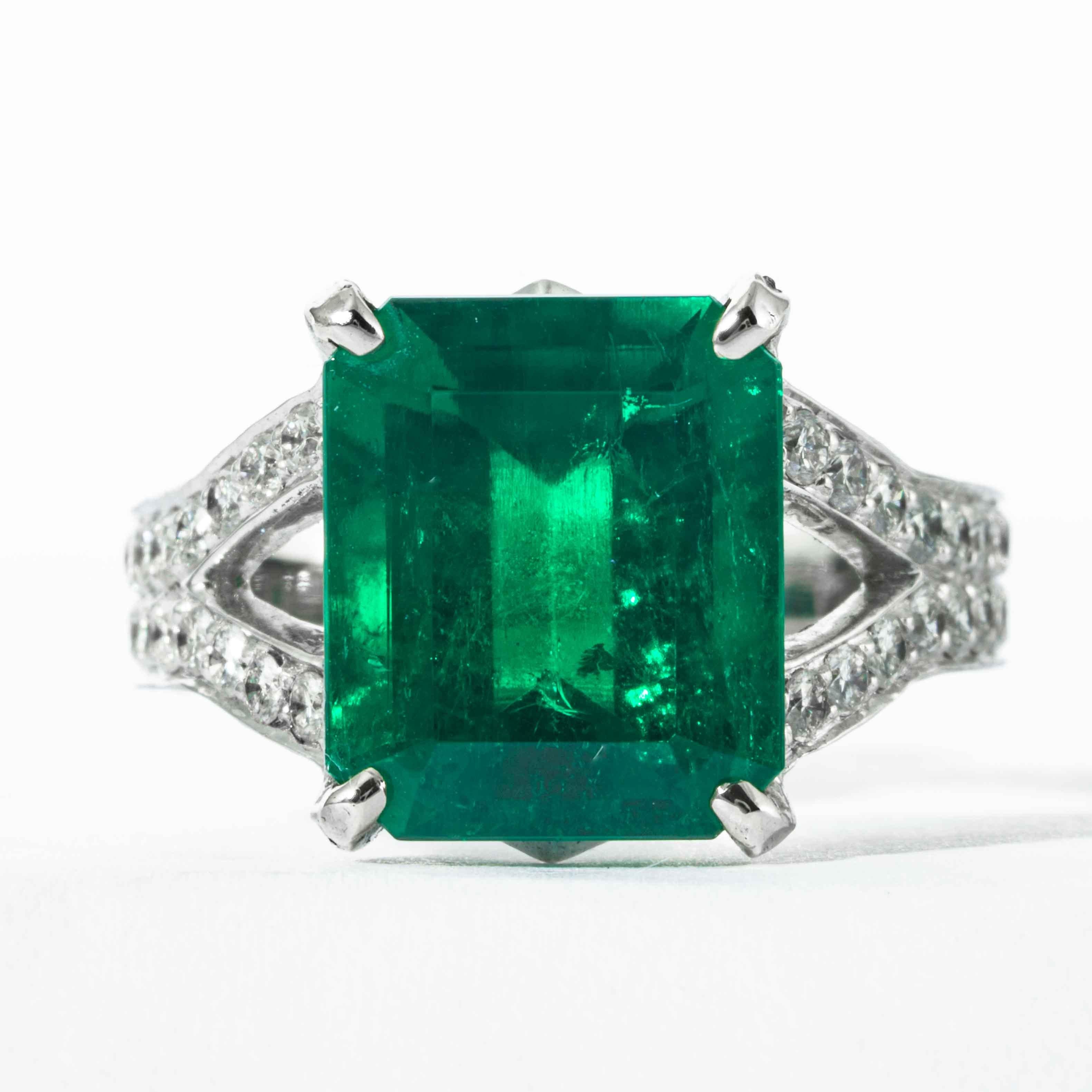 This emerald ring is offered by Shreve, Crump & Low. This green emerald cut emerald is custom set in a handcrafted Shreve, Crump & Low one-of-kind 18kt white gold ring, consisting of one green emerald cut emerald weighing 6.25 carats of Colombian
