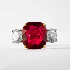 Shreve, Crump & Low 9.13 Carat Red Cushion Cut Ruby and Diamond 3-Stone Ring