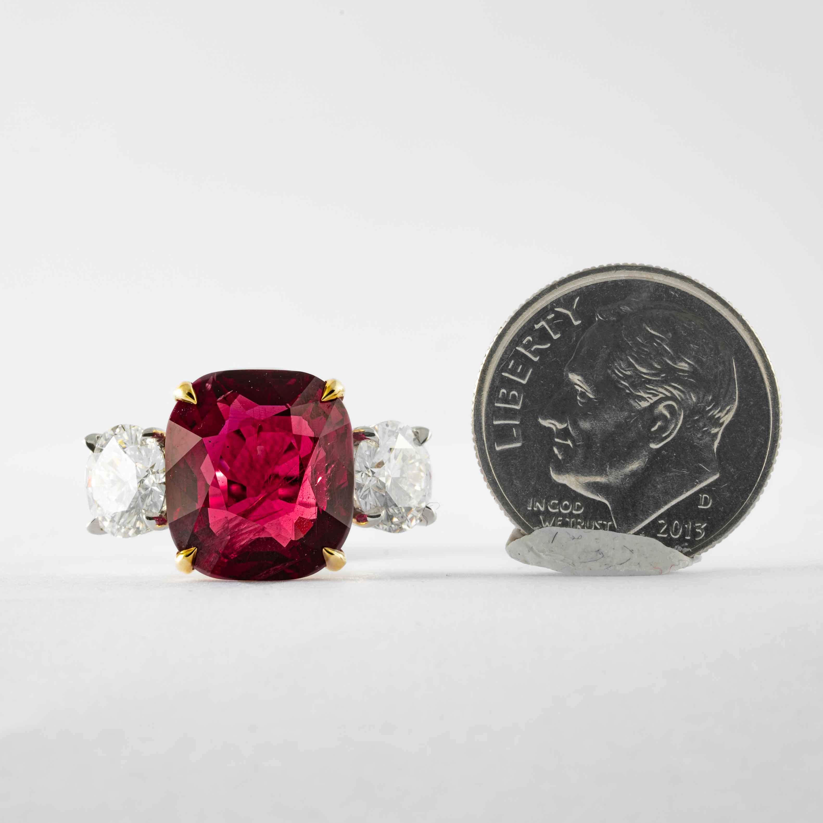 Shreve, Crump & Low 9.13 Carat Red Cushion Cut Ruby and Diamond 3-Stone Ring In New Condition For Sale In Boston, MA