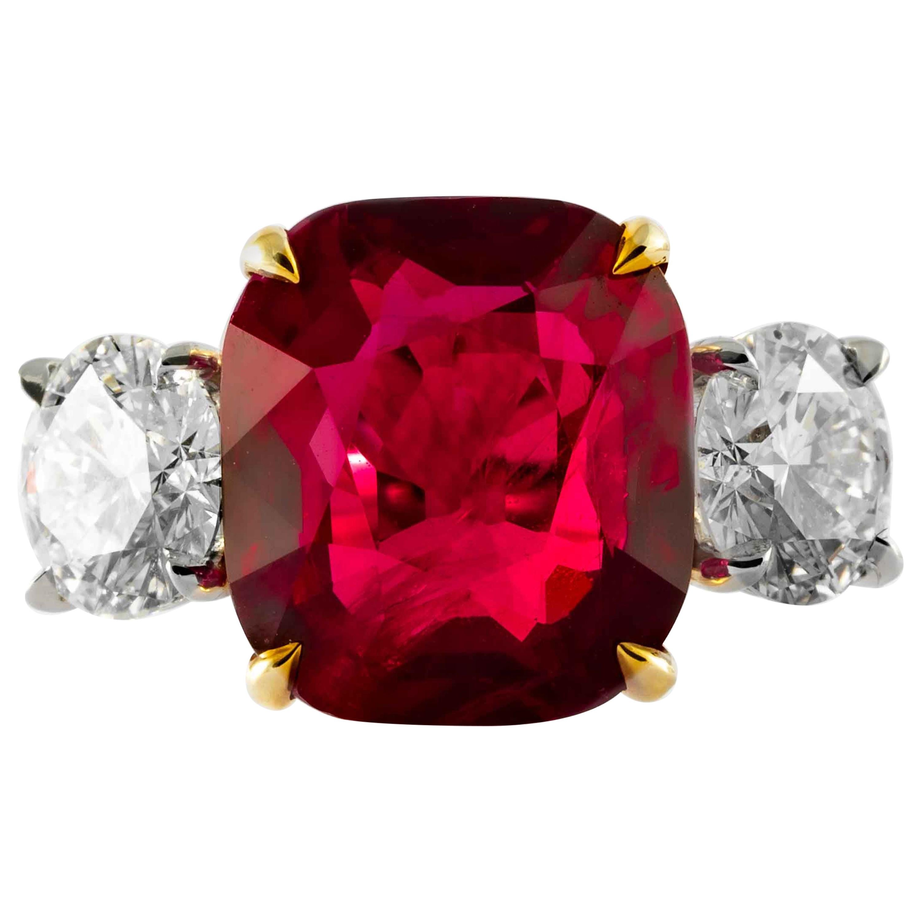 Shreve, Crump & Low 9.13 Carat Red Cushion Cut Ruby and Diamond 3-Stone Ring