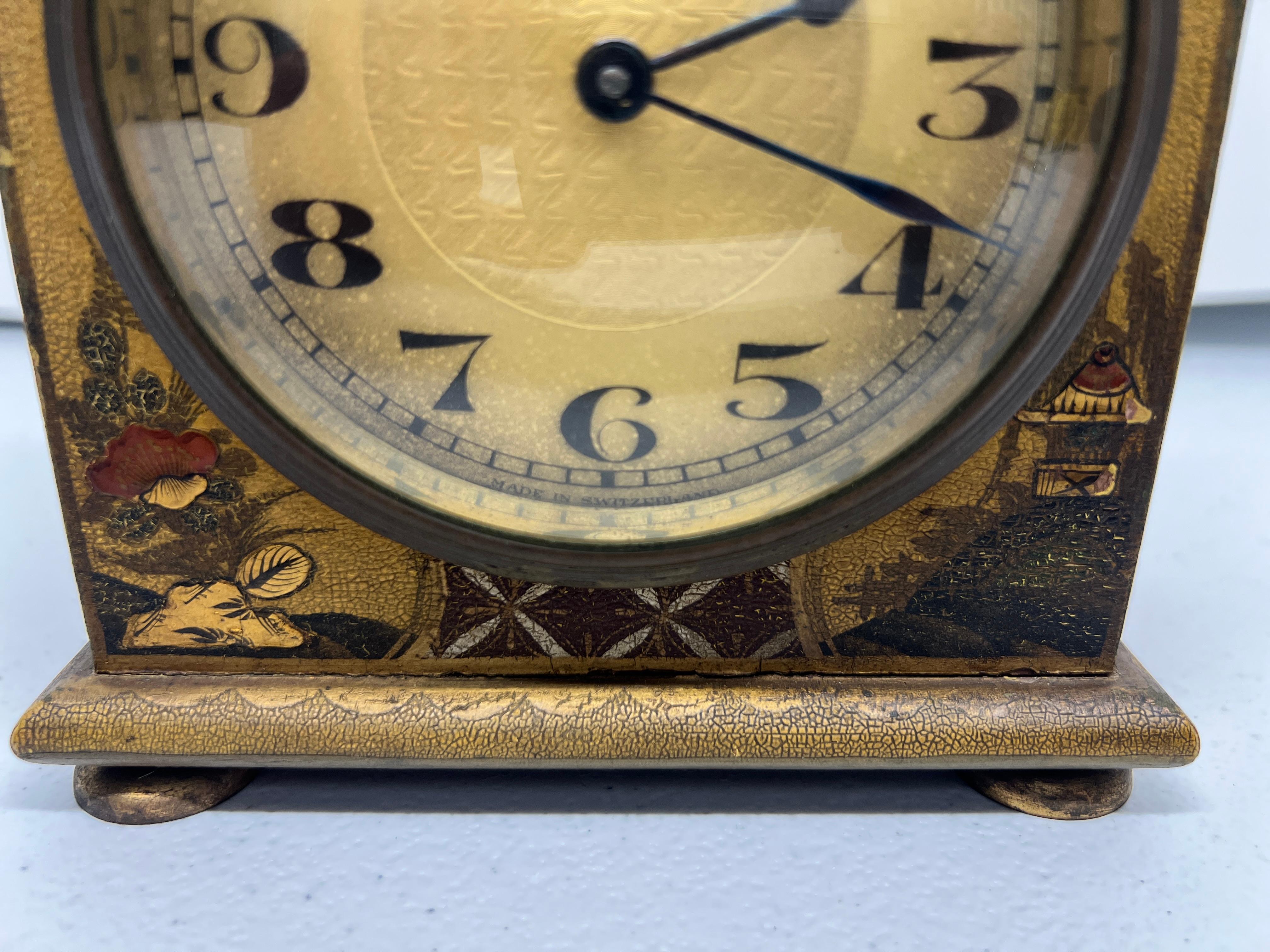 Cineserie Shreve, Crump & Low Boston Chinoiserie Decorated Tole Mantel Clock - Swiss Mov't in vendita