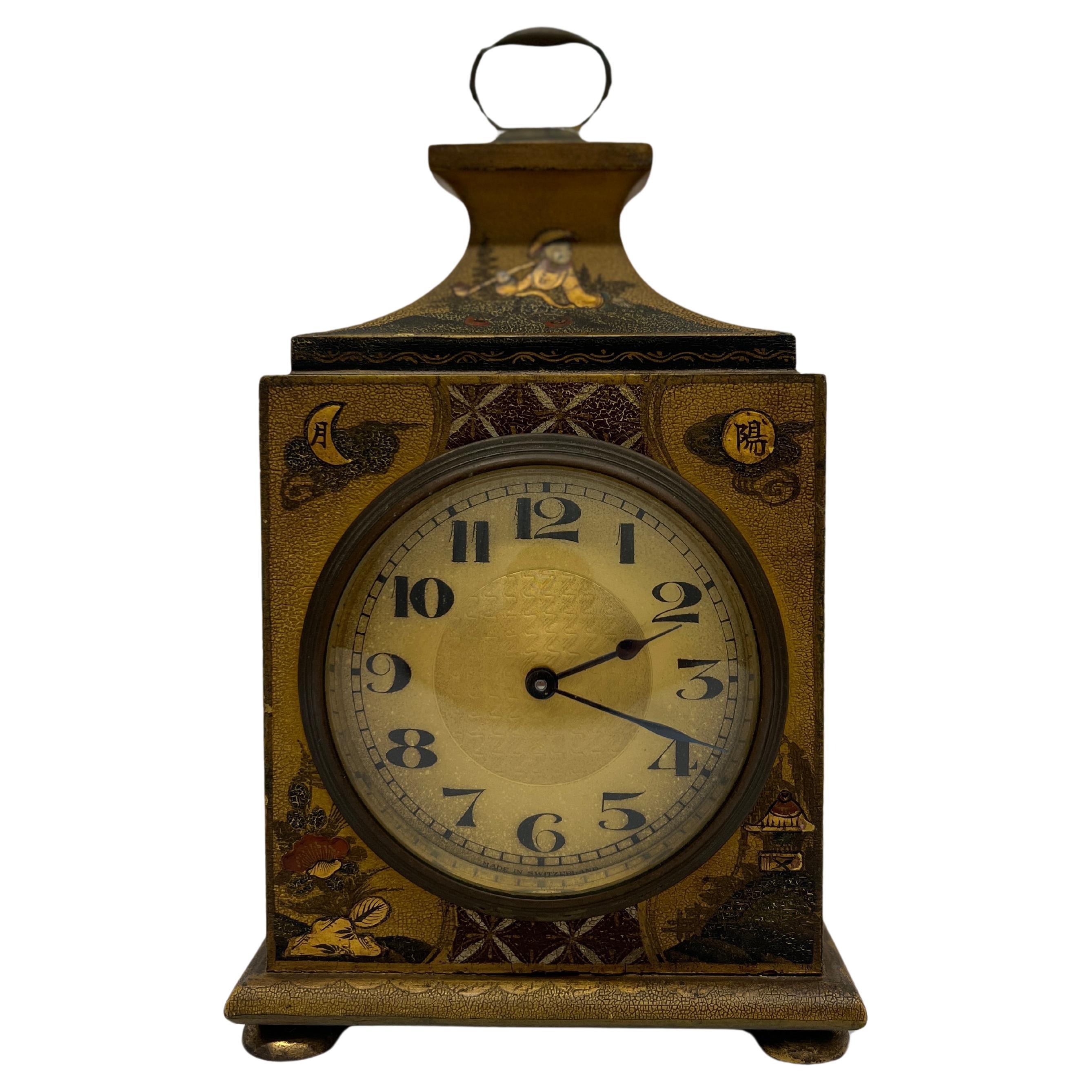 Shreve Crump & Low Boston Chinoiserie Decorated Tole Mantel Clock - Swiss Mov't