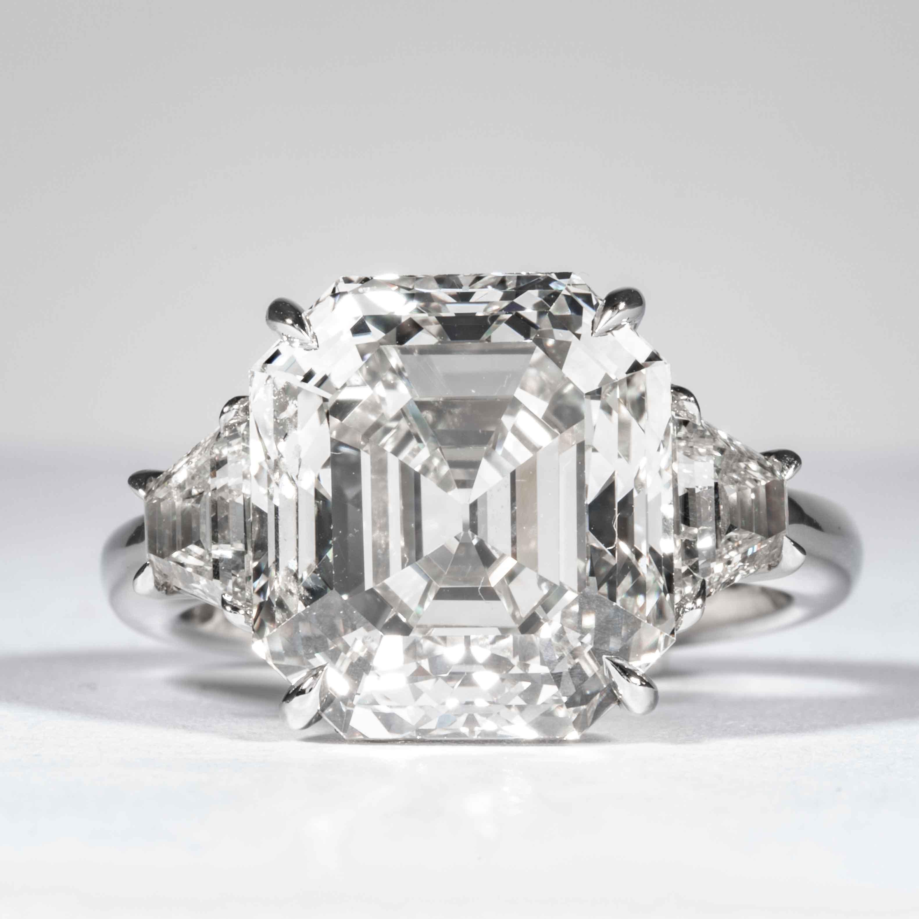 This diamond ring is offered by Shreve, Crump & Low. This 10.04 carat GIA Certified L VS1 square emerald cut more commonly referred to as an Asscher cut diamond measuring 12.63 x 11.41 x 8.40 mm is custom set in a handcrafted Shreve, Crump & Low