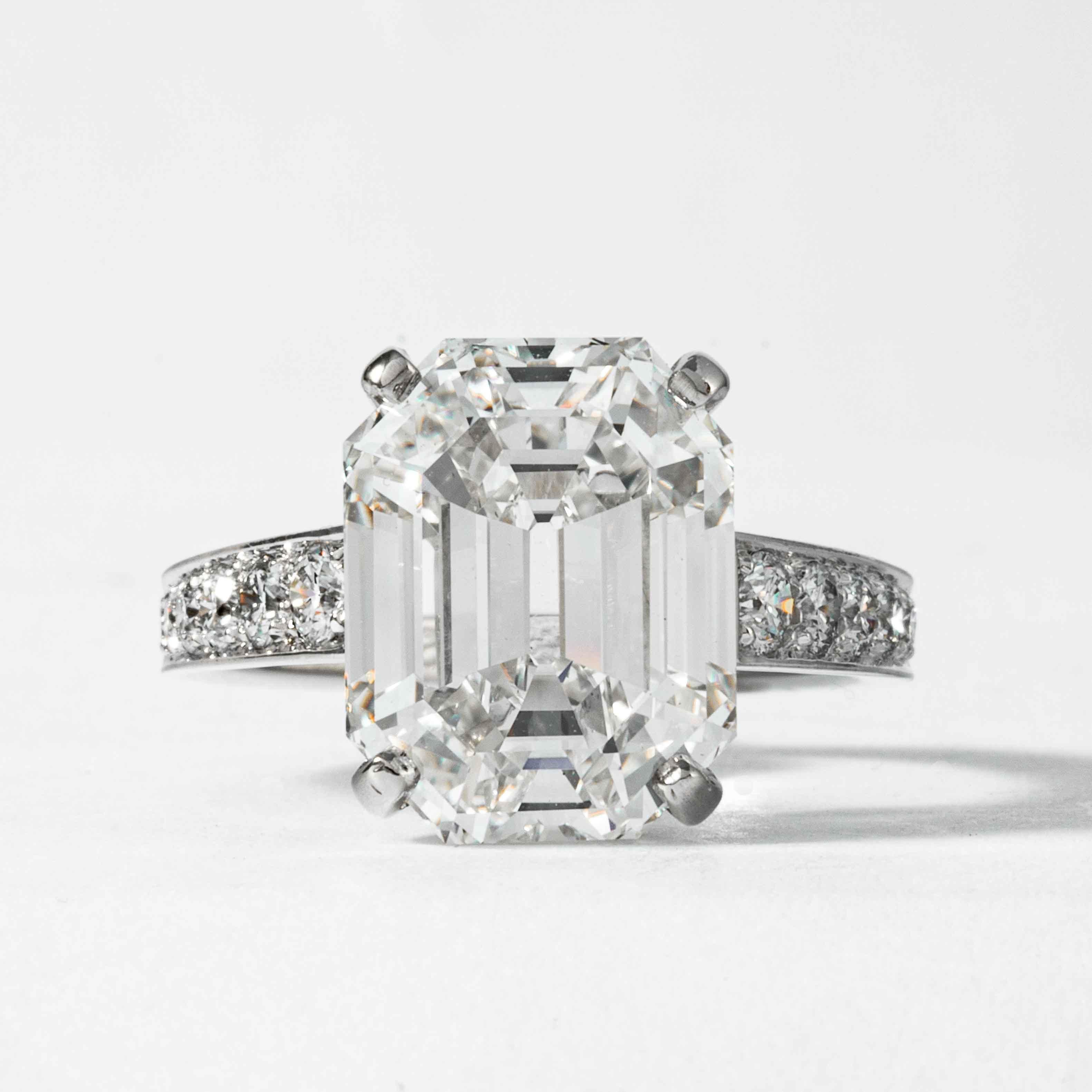 This diamond ring is offered by Shreve, Crump & Low. This 10.19 carat GIA Certified H VS2 emerald cut diamond measuring 14.18 x 10.93 x 7.44 mm is custom set in a handcrafted Shreve, Crump & Low platinum solitaire ring. The 10.19 carat emerald cut