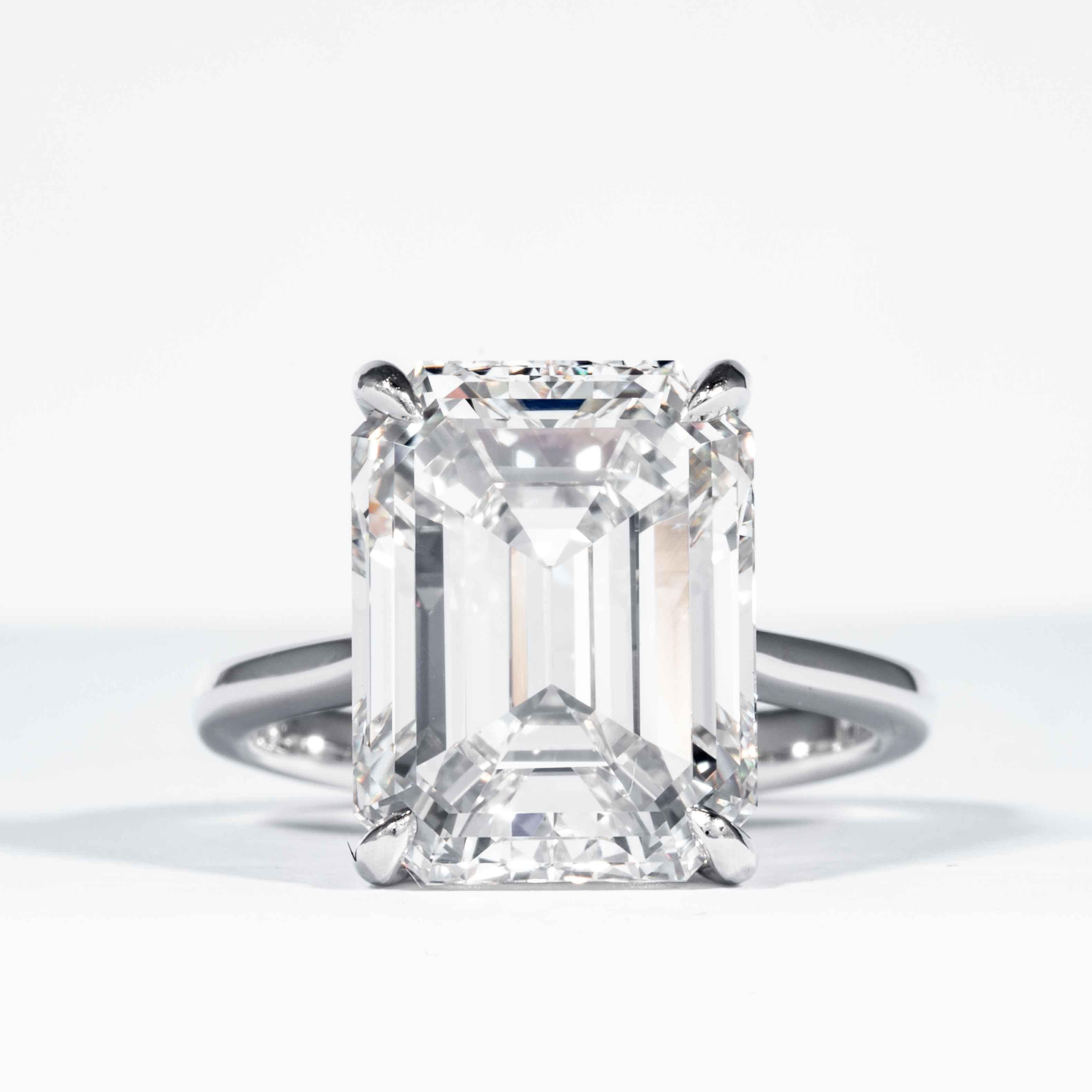 This diamond ring is offered by Shreve, Crump & Low. This 10.21 carat GIA Certified K VVS2 Emerald cut diamond measuring 14.07 mm x 10.70 mm x 7.38 mm is custom set in a handcrafted Shreve, Crump & Low platinum solitaire ring. The 10.21 emerald cut