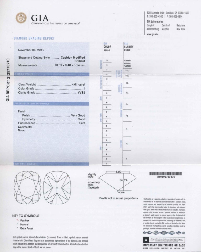 Shreve, Crump & Low GIA Certified 4.01 Carat I VVS2 Cushion Cut Diamond Ring For Sale 5