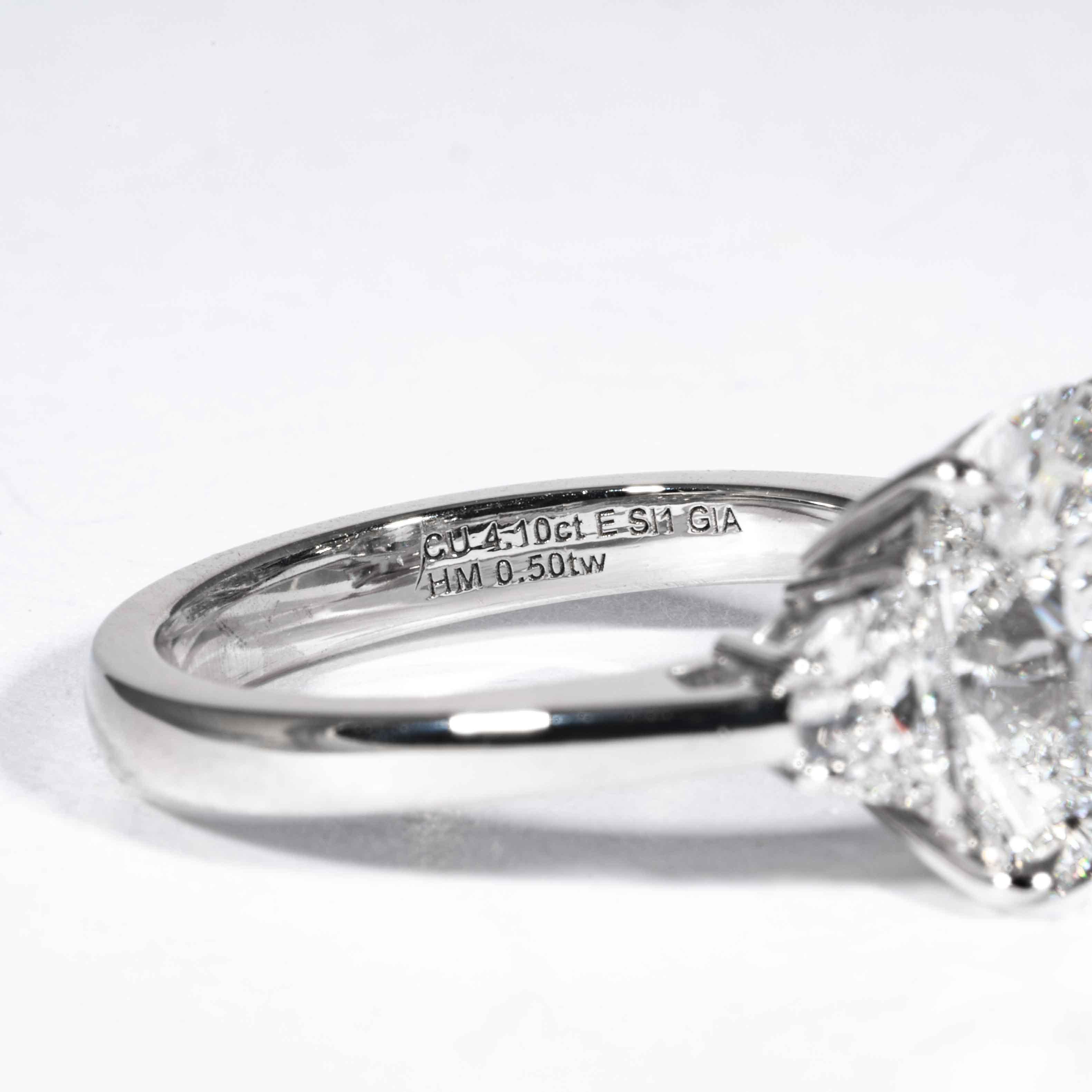 Shreve, Crump & Low GIA Certified 4.10 Carat E SI1 Cushion Cut Diamond Plat Ring 2