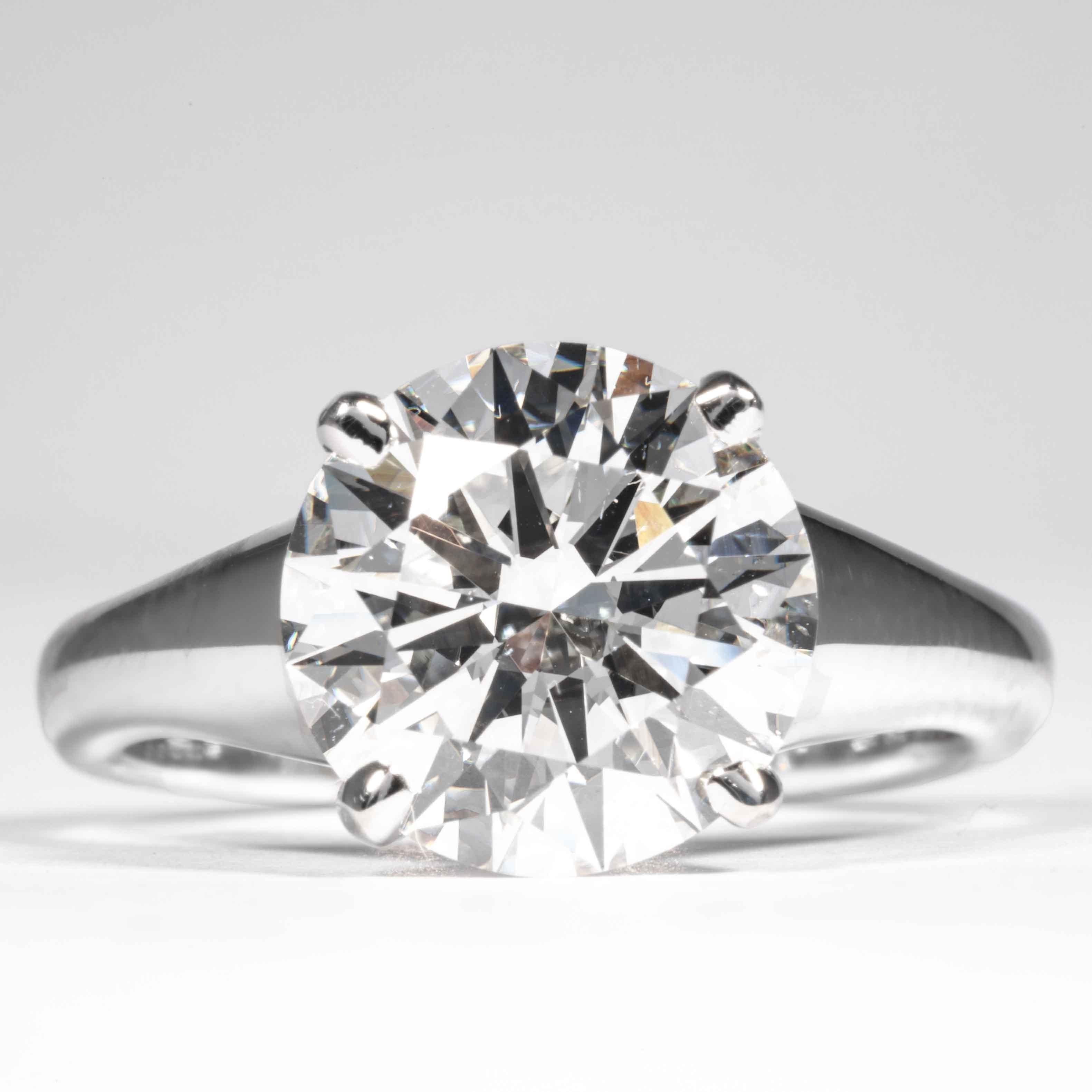 This elegant and classic diamond ring is offered by Shreve, Crump & Low. This 4.26 carat GIA certified H S1 round brilliant cut diamond measuring 10.47 x 10.53 x 6.30 mm is custom set in a handcrafted Shreve, Crump & Low 4-prong platinum solitaire