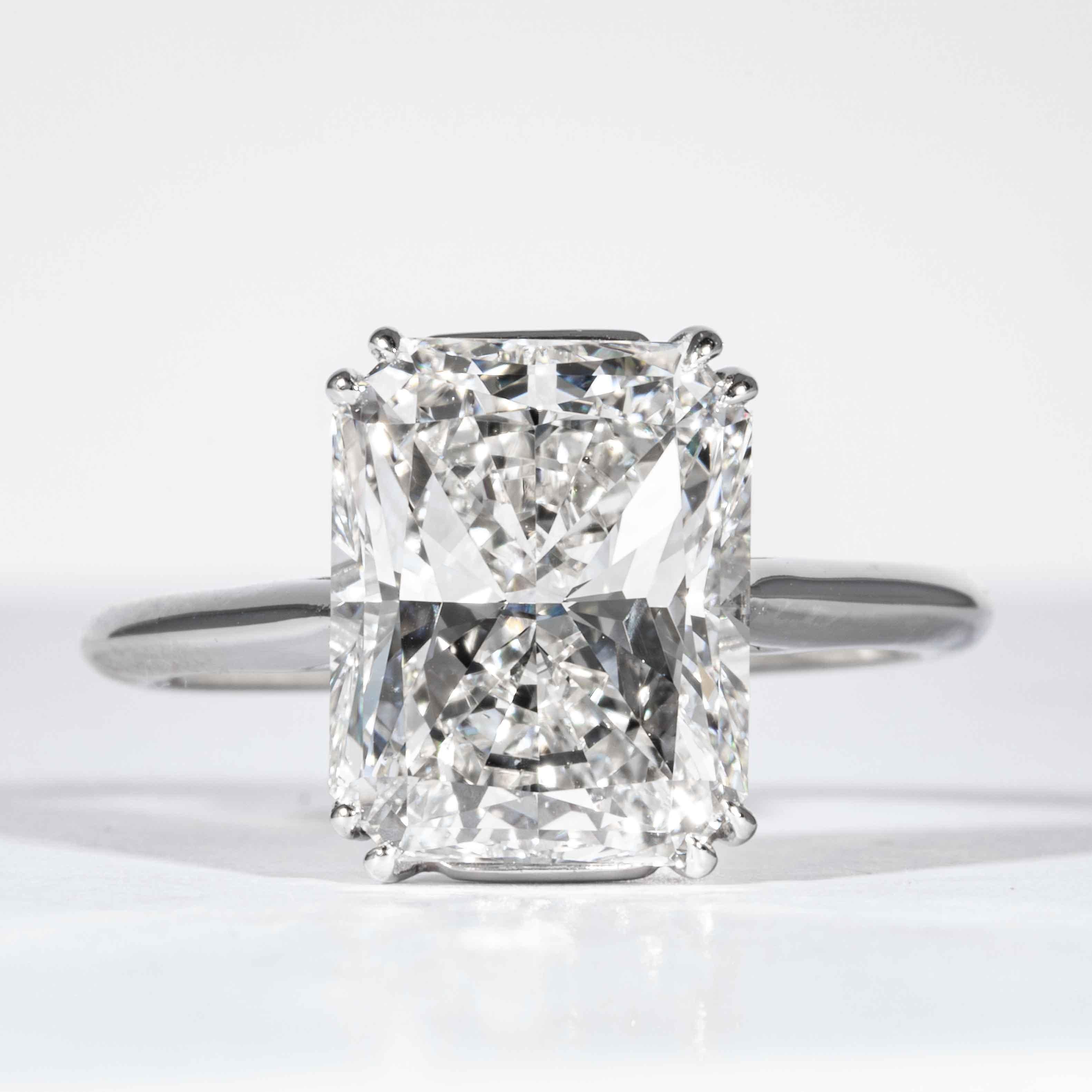 This diamond ring is offered by Shreve, Crump & Low. This 4.50 carat GIA certified F VS2 radiant cut diamond measuring 10.66 x 8.75 x 5.93mm is custom set in a classically handcrafted Shreve, Crump & Low platinum solitaire ring. The 4.50 carat