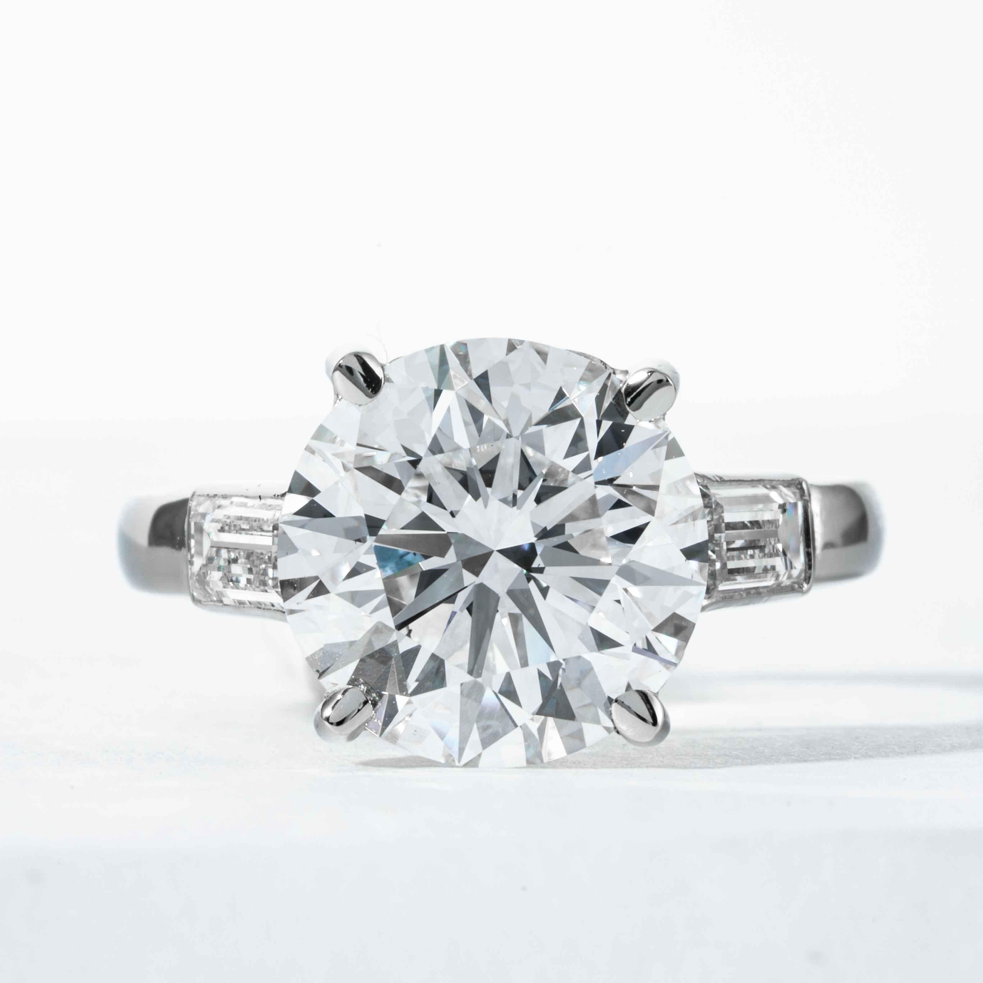 This diamond ring is being offered by Shreve, Crump & Low.  This 4.72 carat GIA certified D SI1 round brilliant cut triple excellent diamond measuring 10.72 - 10.79 x 6.69 mm is custom set in a handcrafted Shreve, Crump & Low platinum ring.  The