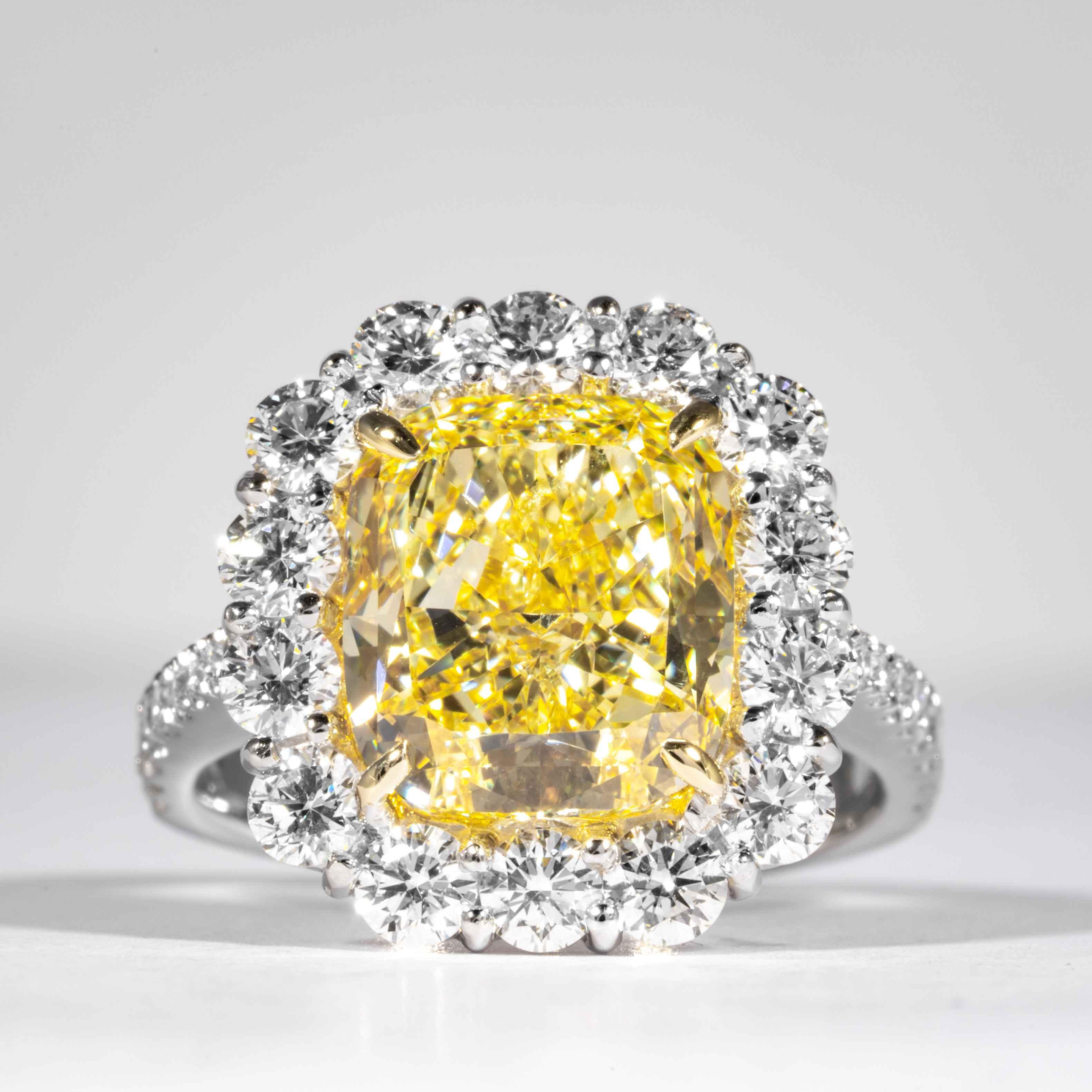 Cushion Cut Shreve, Crump & Low GIA Certified 4.74 Carat Fancy Intense Yellow Cushion Ring For Sale