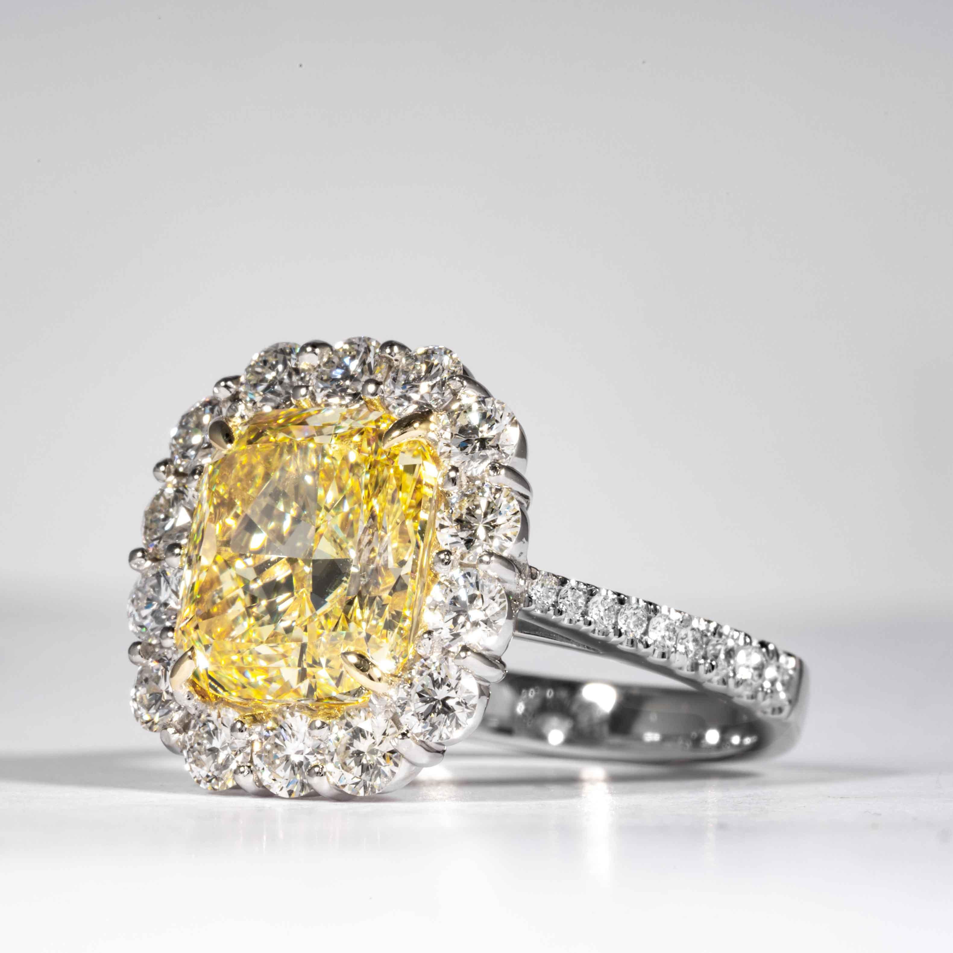 Cushion Cut Shreve, Crump & Low GIA Certified 4.74 Carat Fancy Intense Yellow Cushion Ring For Sale
