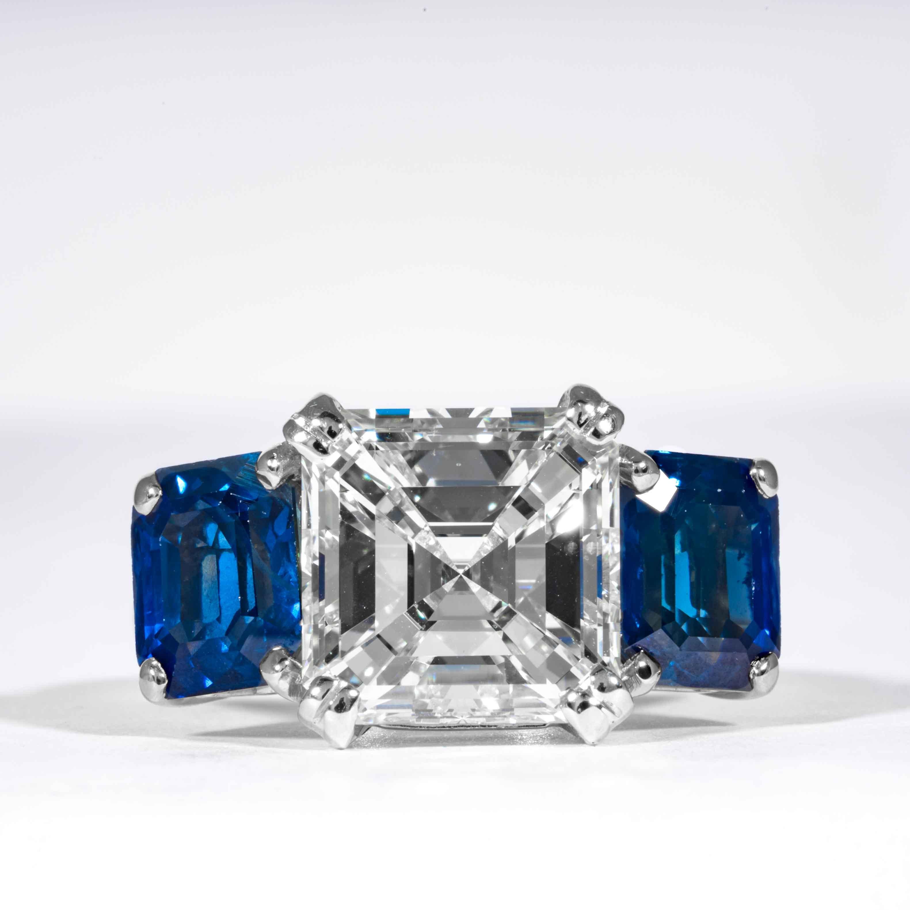 This classic square emerald cut 3-stone diamond is offered by Shreve, Crump & Low. This 5.01 carat GIA Certified I VS2 square emerald cut diamond measuring 9.83 x 9.83 x 6.46 mm is custom set in a handcrafted Shreve, Crump & Low platinum and 18kt