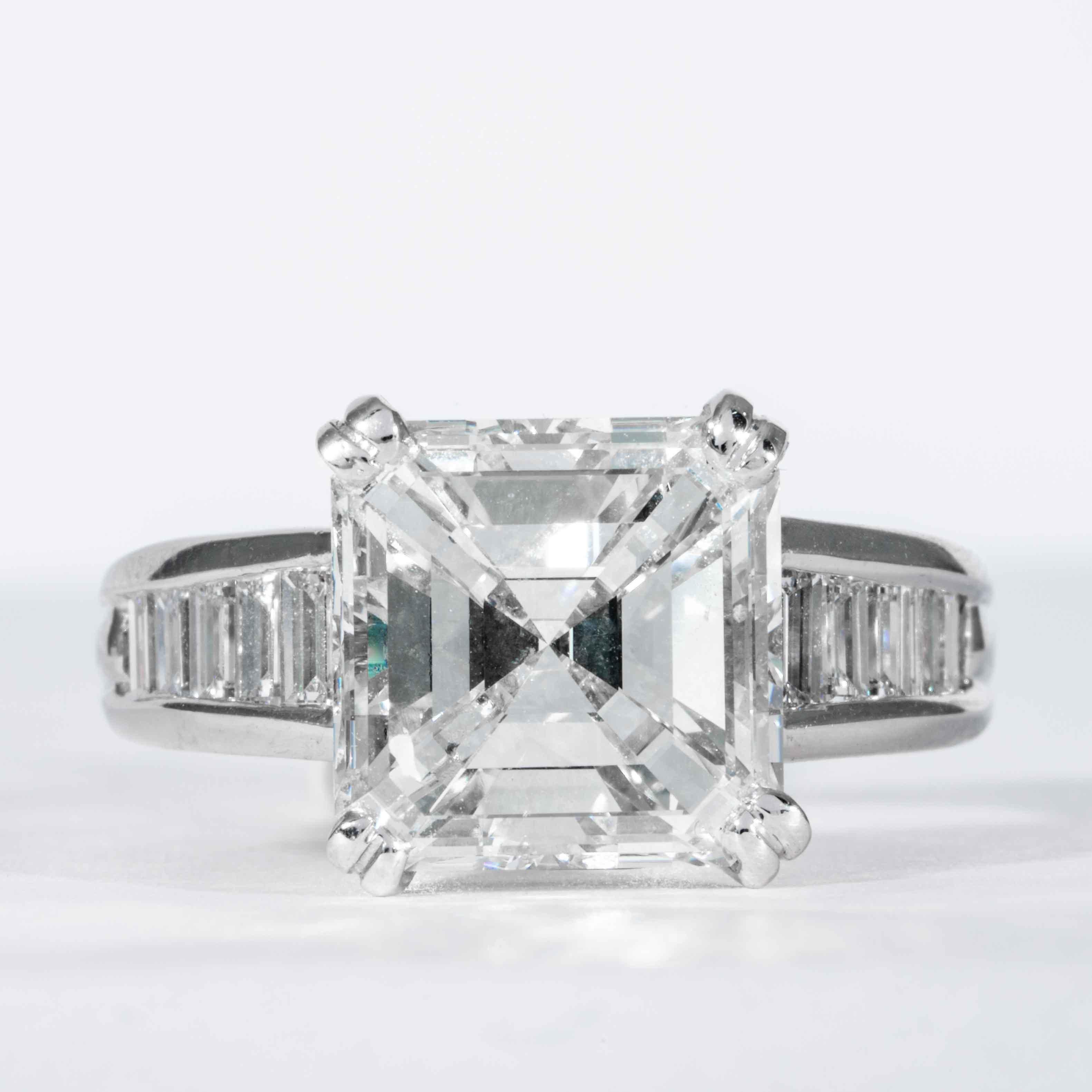 This classic square emerald cut diamond ring is offered by Shreve, Crump & Low. This 5.01 carat GIA Certified I VS2 square emerald cut diamond measuring 9.83 x 9.83 x 6.46 mm is custom set in a handcrafted Shreve, Crump & Low platinum ring. The 5.01