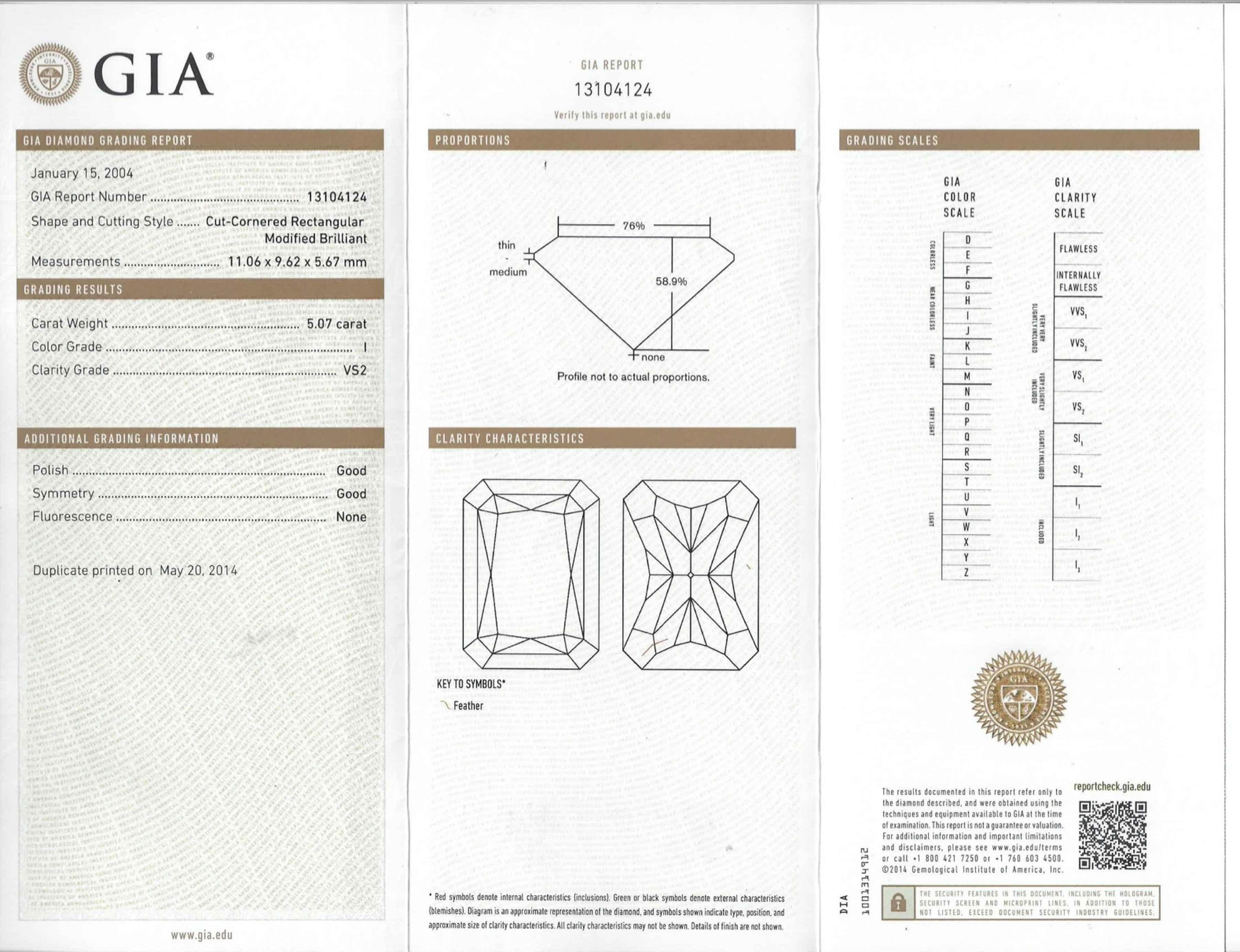 Shreve, Crump & Low GIA Certified 5.07 Carat I VS2 Radiant Cut Diamond Plat Ring For Sale 4