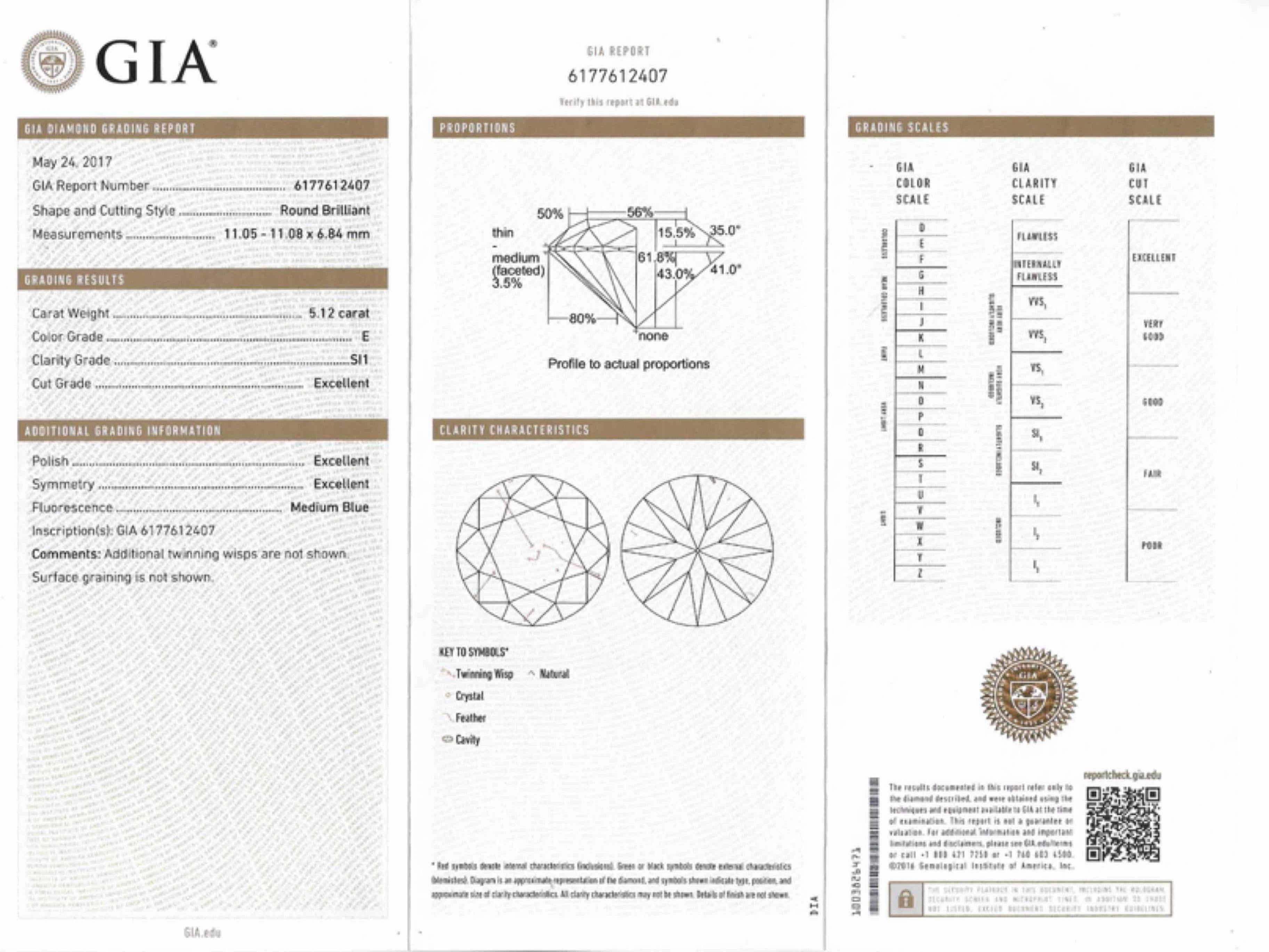 Shreve, Crump & Low GIA Certified 5.12 Carat E SI1 Round Brilliant Diamond Ring For Sale 1