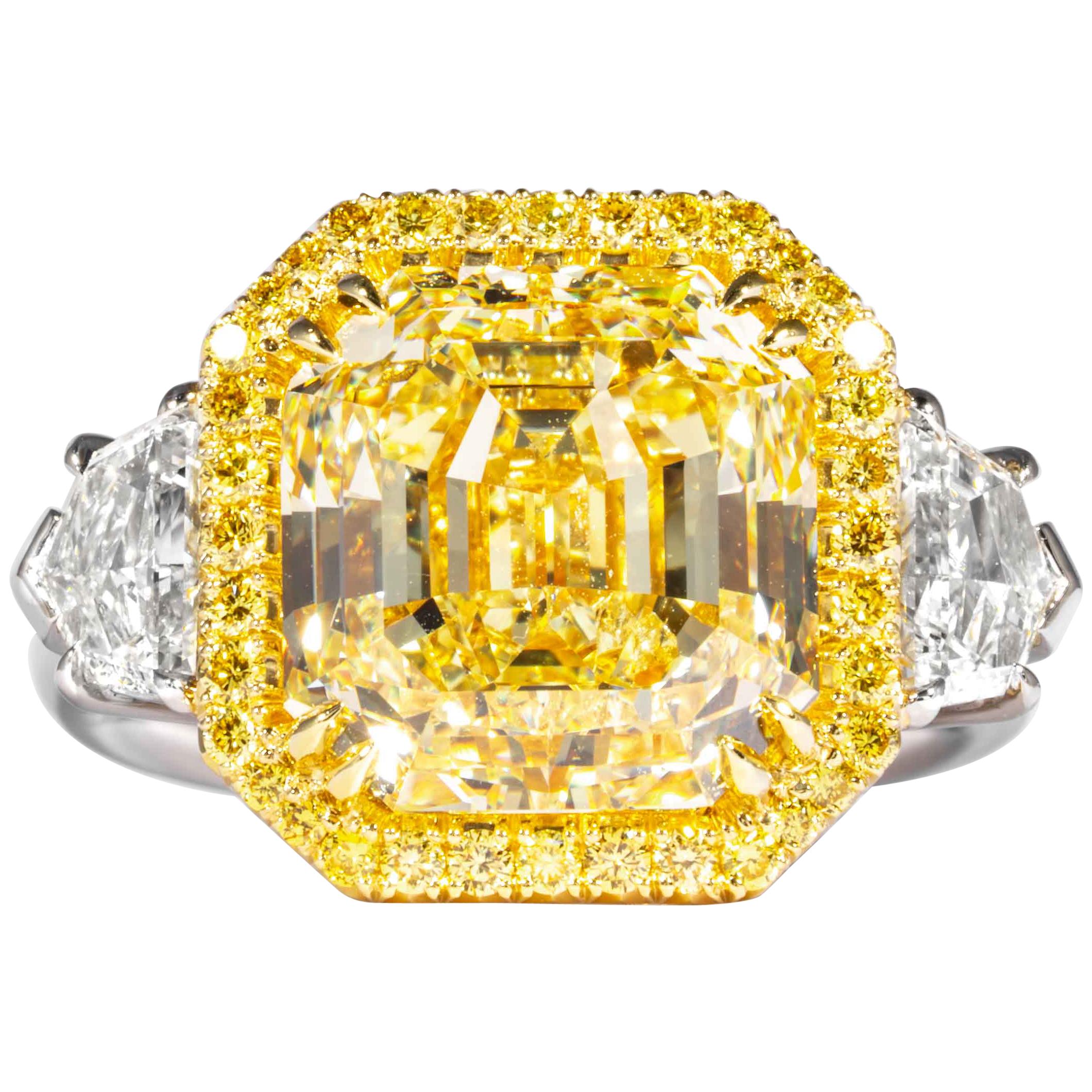 Shreve, Crump & Low GIA Certified 8.02 Carat Fancy Yellow Asscher Diamond Ring For Sale