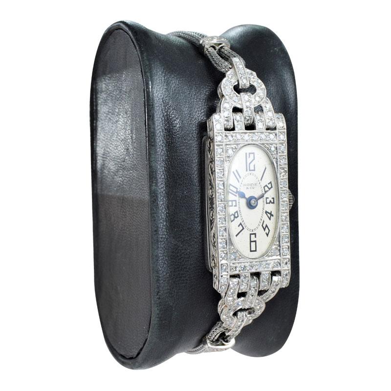 FACTORY / HOUSE: Gruen for Shreve and Company
STYLE / REFERENCE: Art Deco / Dress Watch
METAL / MATERIAL: Platinum / Metal Cord Bracelet
DIMENSIONS: Length 55mm X Width 16mm
CIRCA: 1930's
MOVEMENT / CALIBER: Manual Winding / 18 Jewels / High Grade
