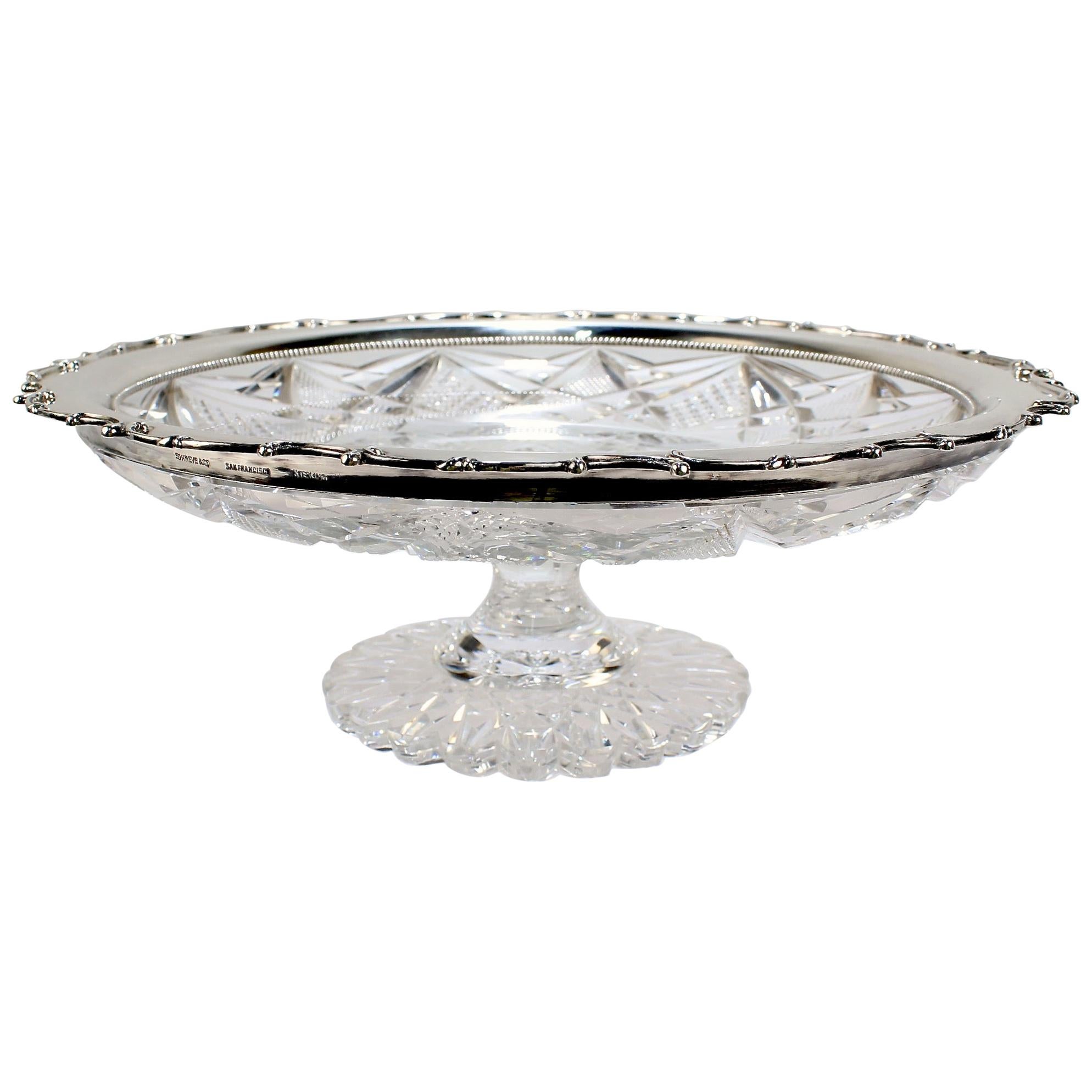 Shreve Sterling Silver Mounted American Brilliant Period Cut Glass Compote For Sale