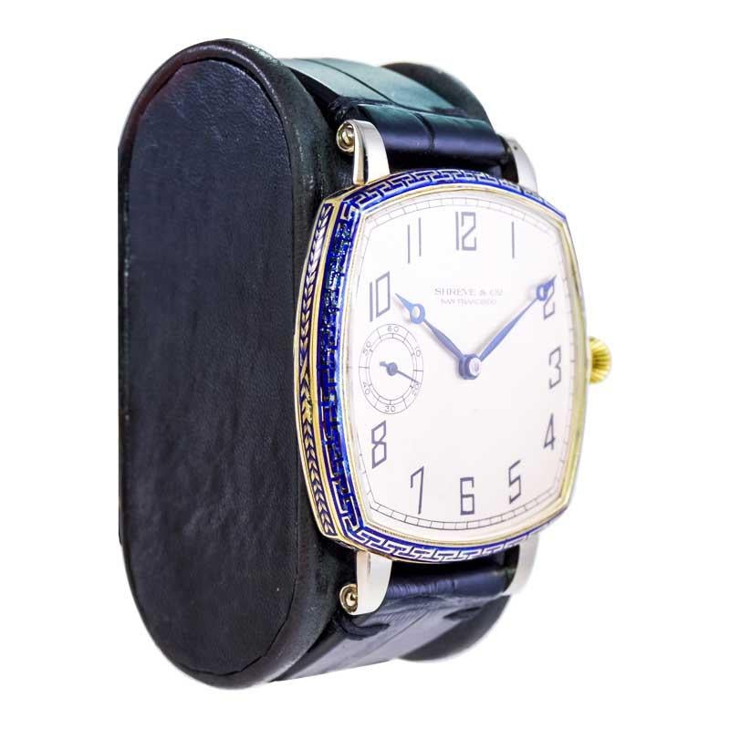 Shreve Yellow and White Gold Enamel Oversized Art Deco Watch For Sale 4