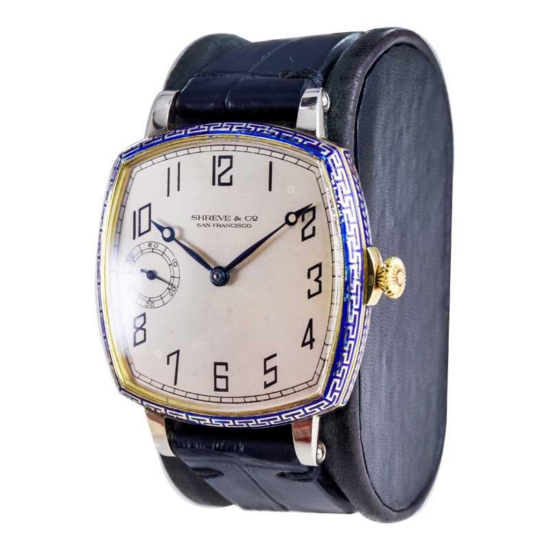 Shreve Yellow and White Gold Enamel Oversized Art Deco Watch For Sale 7